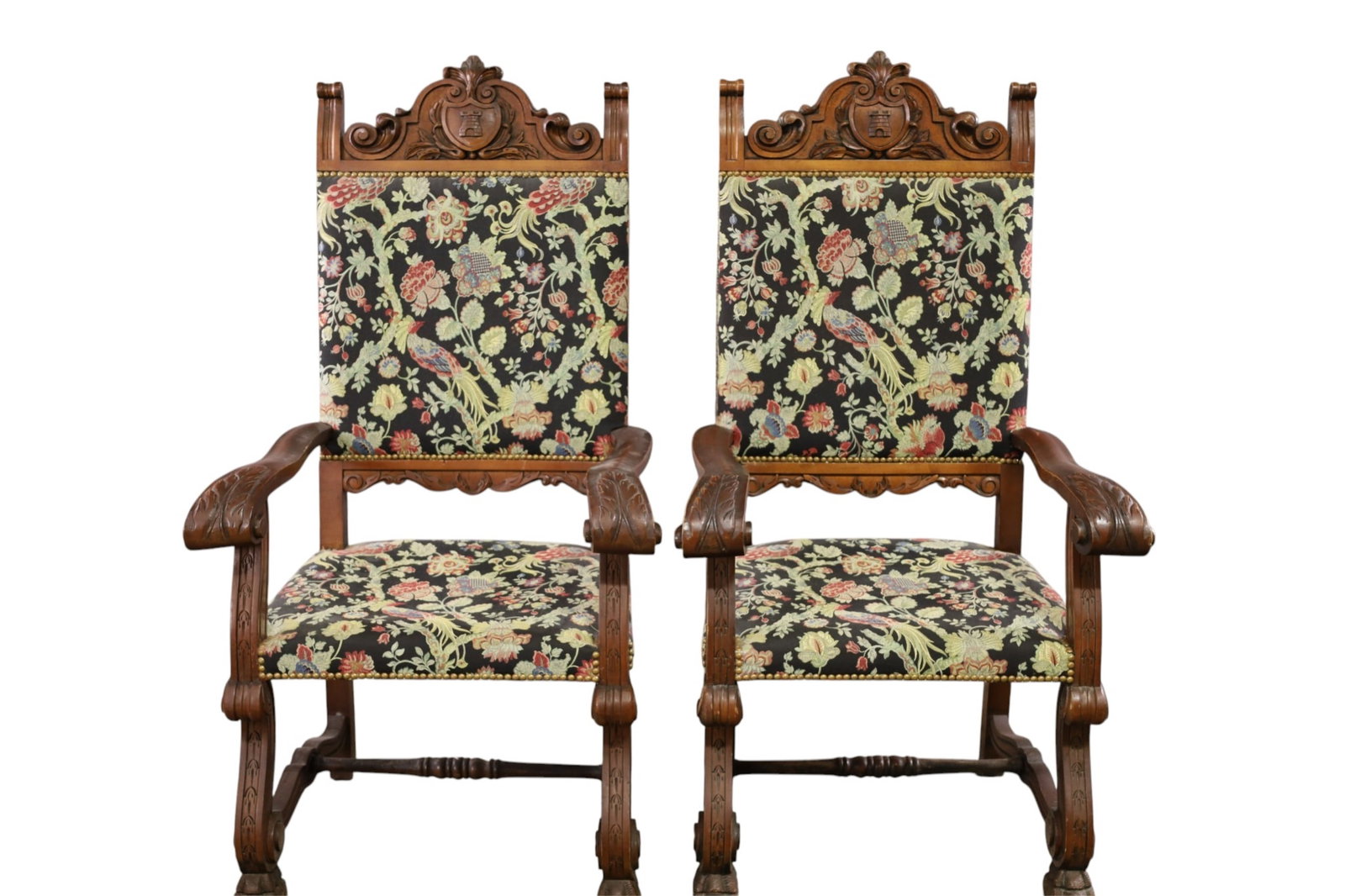 PAIR OF HALL CHAIRS: PAIR OF SPANISH STYLE HALL CHAIRS, HIGHLY CARVED. FLORAL UPHOLSTERY. ONE IS LOOSE AT JOINTS. MINOR WEAR TO FINISH. 28" W x 22" D x 51" H. THIS ITEM EXCEEDS SIZE LIMITATIONS FOR IN HOUSE SHIPPING,