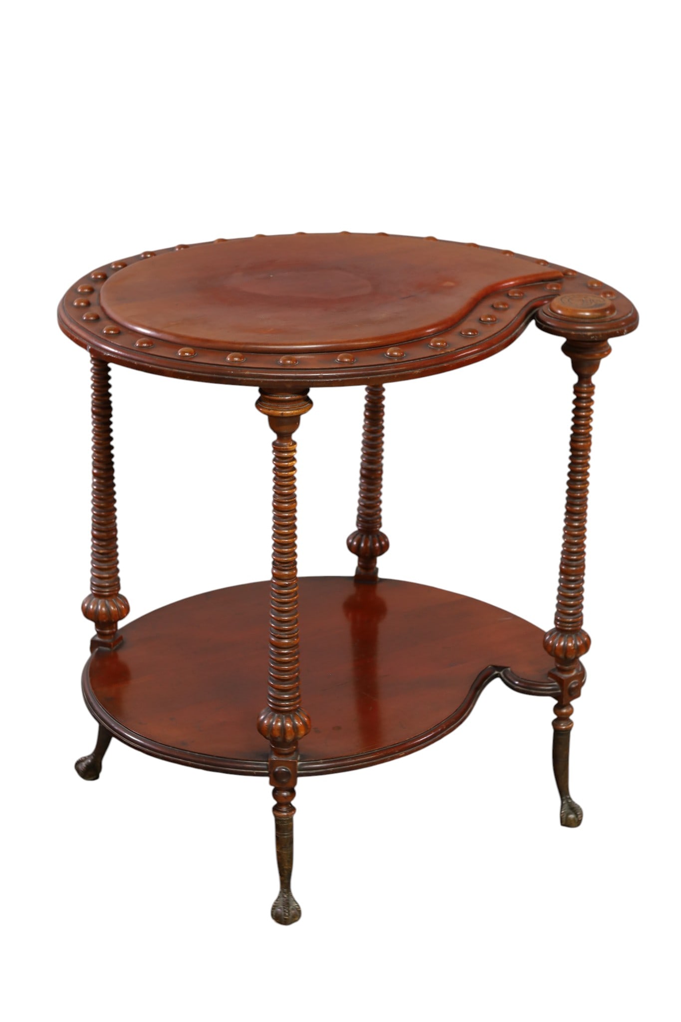 VICTORIAN LAMP TABLE: ATTRIBUTED TO HUNZINGER, BRASS FEET VICTORIAN LAMP TABLE. 27" W x 23" D x 28" H. THIS ITEM EXCEEDS SIZE LIMITATIONS FOR IN HOUSE SHIPPING, MUST BE PICKED UP IN HOUSE OR SHIPPED VIA 3rd PARTY GROUND