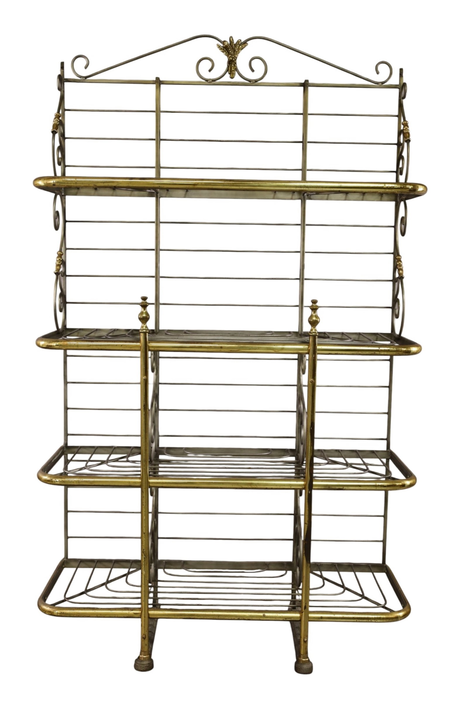BRASS & IRON BAKERS RACK: FRENCH BRASS AND IRON BAKER'S RACK, FOUR TIER RACK. 49" W x 20" D x 83" H. THIS ITEM EXCEEDS SIZE LIMITATIONS FOR IN HOUSE SHIPPING, MUST BE PICKED UP IN HOUSE OR SHIPPED VIA 3rd PARTY GROUND SHIPPER.