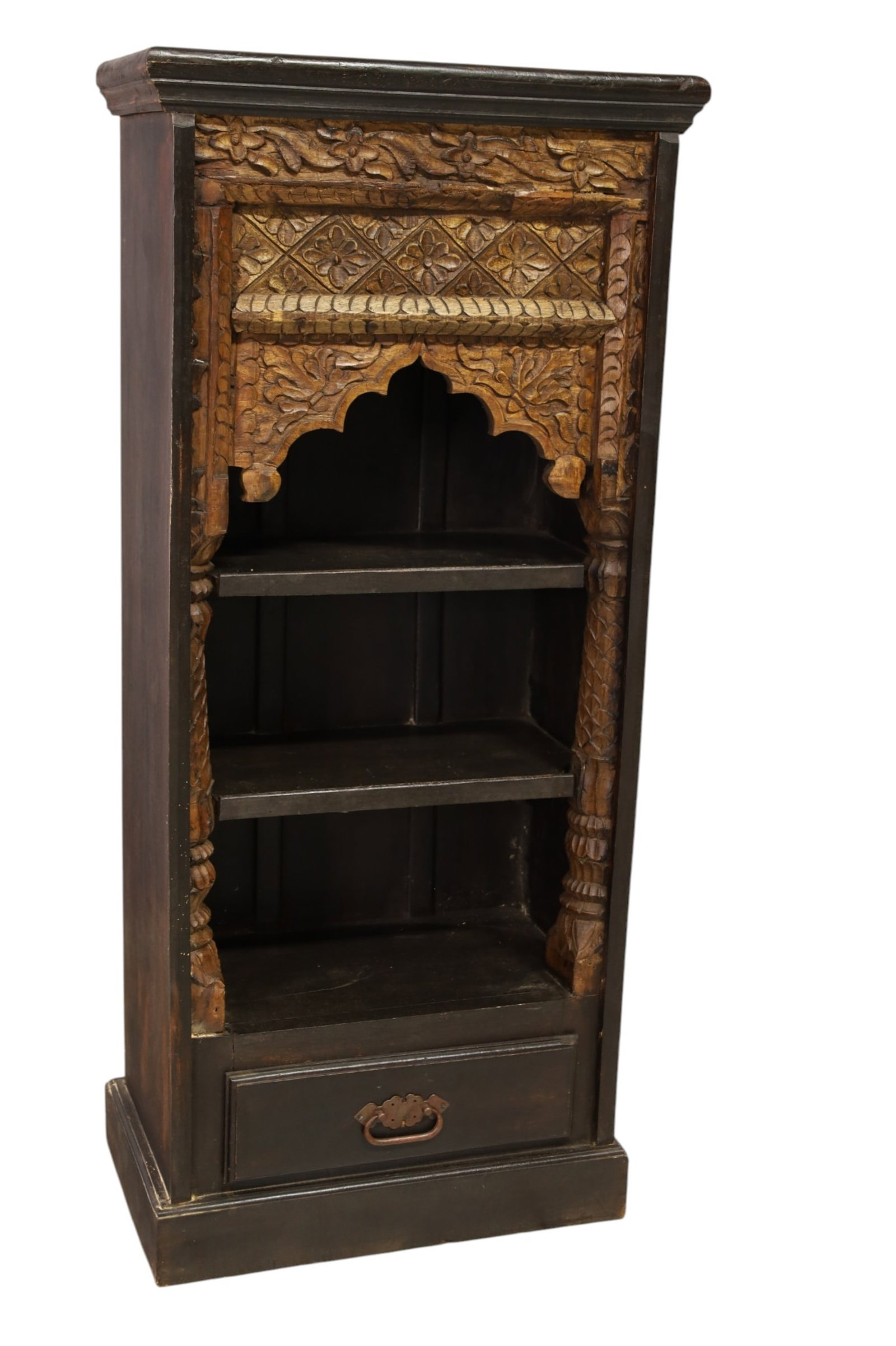 ASIAN STYLE CABINET: NARROW ASIAN STYLE BOOKCASE, HIGHLY CARVED. WEAR TO FINISH. 22" x 12" D x 49" H. THIS ITEM EXCEEDS SIZE LIMITATIONS FOR IN HOUSE SHIPPING, MUST BE PICKED UP IN HOUSE OR SHIPPED VIA 3rd PARTY GROUND