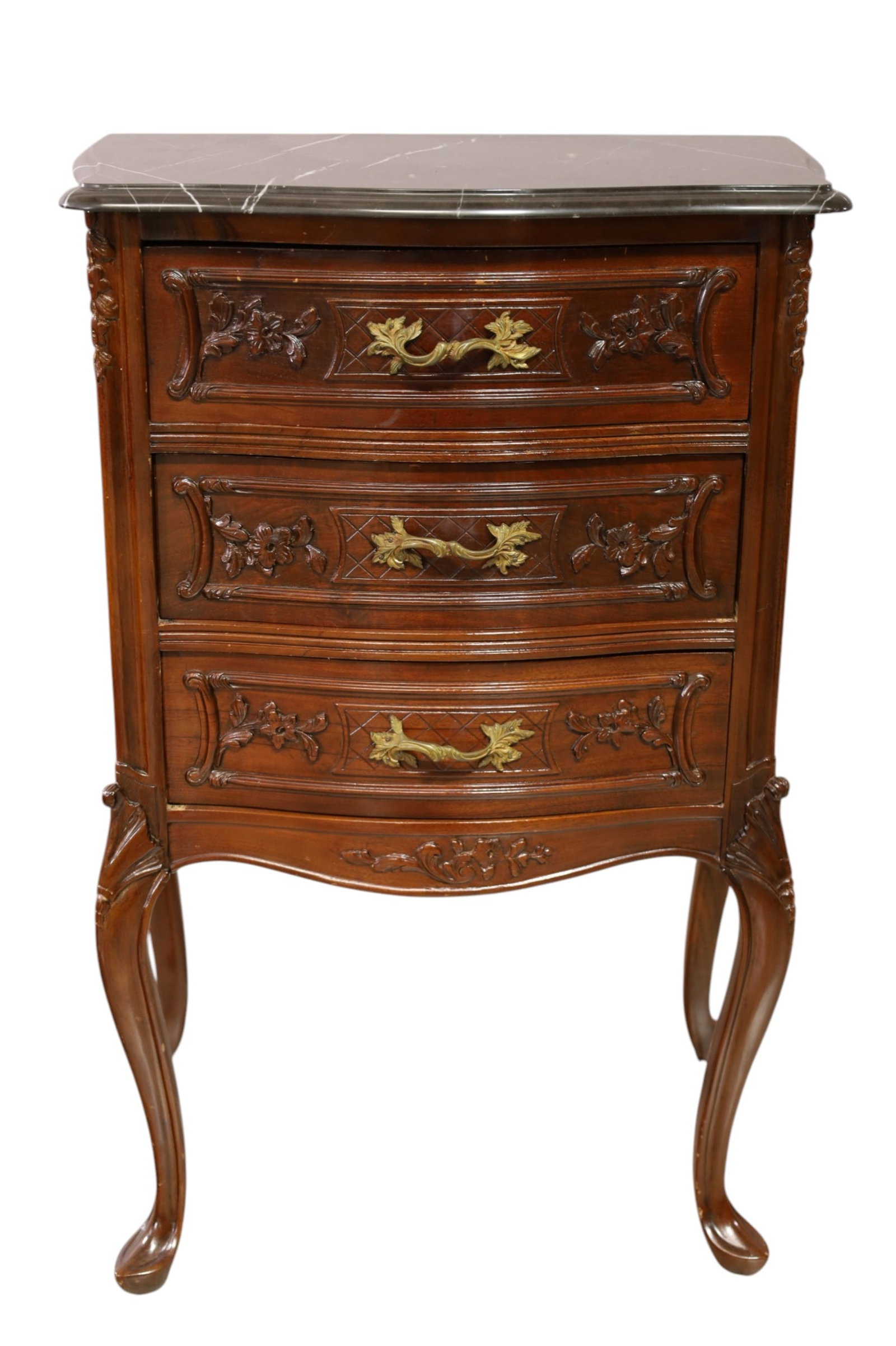 THREE DRAWER FRENCH STYLE CHEST: THREE DRAWER MARBLE TOP CHEST OR SIDE TABLE. 24" W x 16" D x 36" H. THIS ITEM EXCEEDS SIZE LIMITATIONS FOR IN HOUSE SHIPPING, MUST BE PICKED UP IN HOUSE OR SHIPPED VIA 3rd PARTY GROUND SHIPPER.