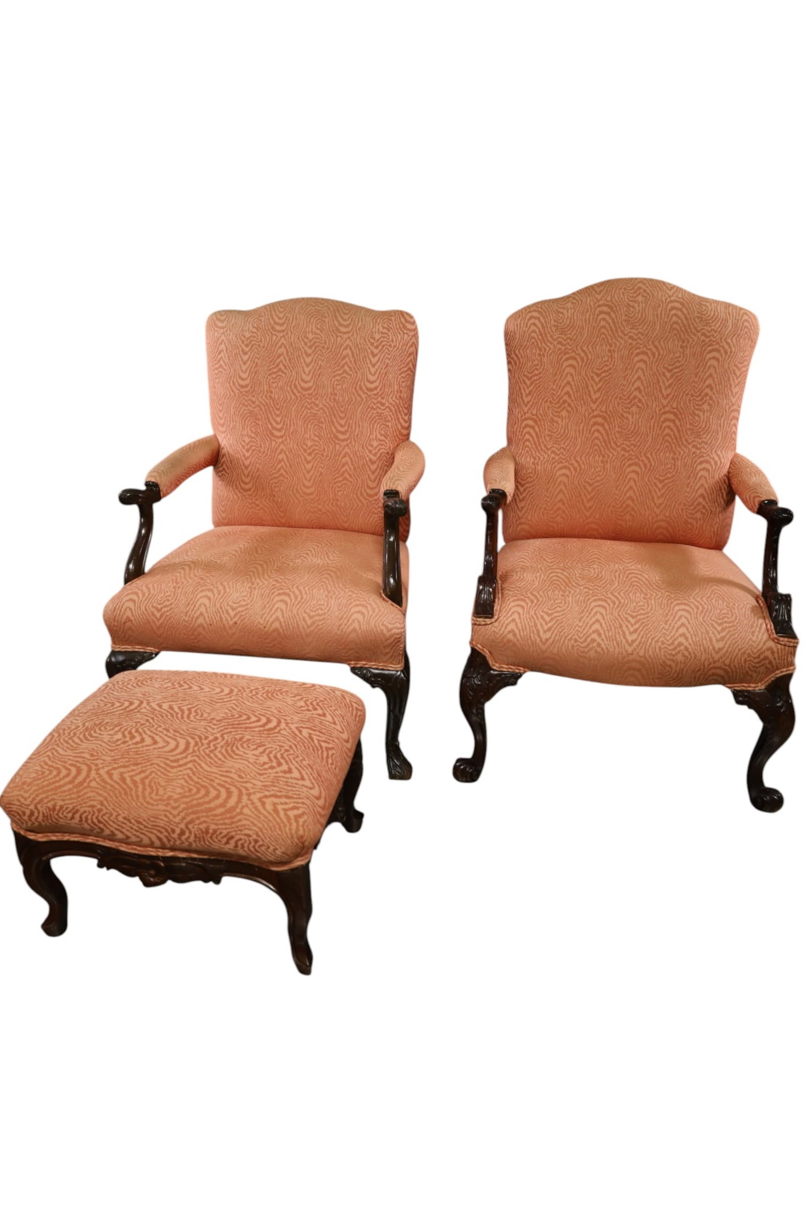 2 VICTORIAN PARLOR CHAIRS: NEAR PAIR MAHOGANY PARLOR CHAIRS, ONE FOOTSTOOL. 27" W x 24" D x 38" H. & 22" W x 18" D x 14" FOOTSTOOL. THIS ITEM EXCEEDS SIZE LIMITATIONS FOR IN HOUSE SHIPPING, MUST BE PICKED UP IN HOUSE OR