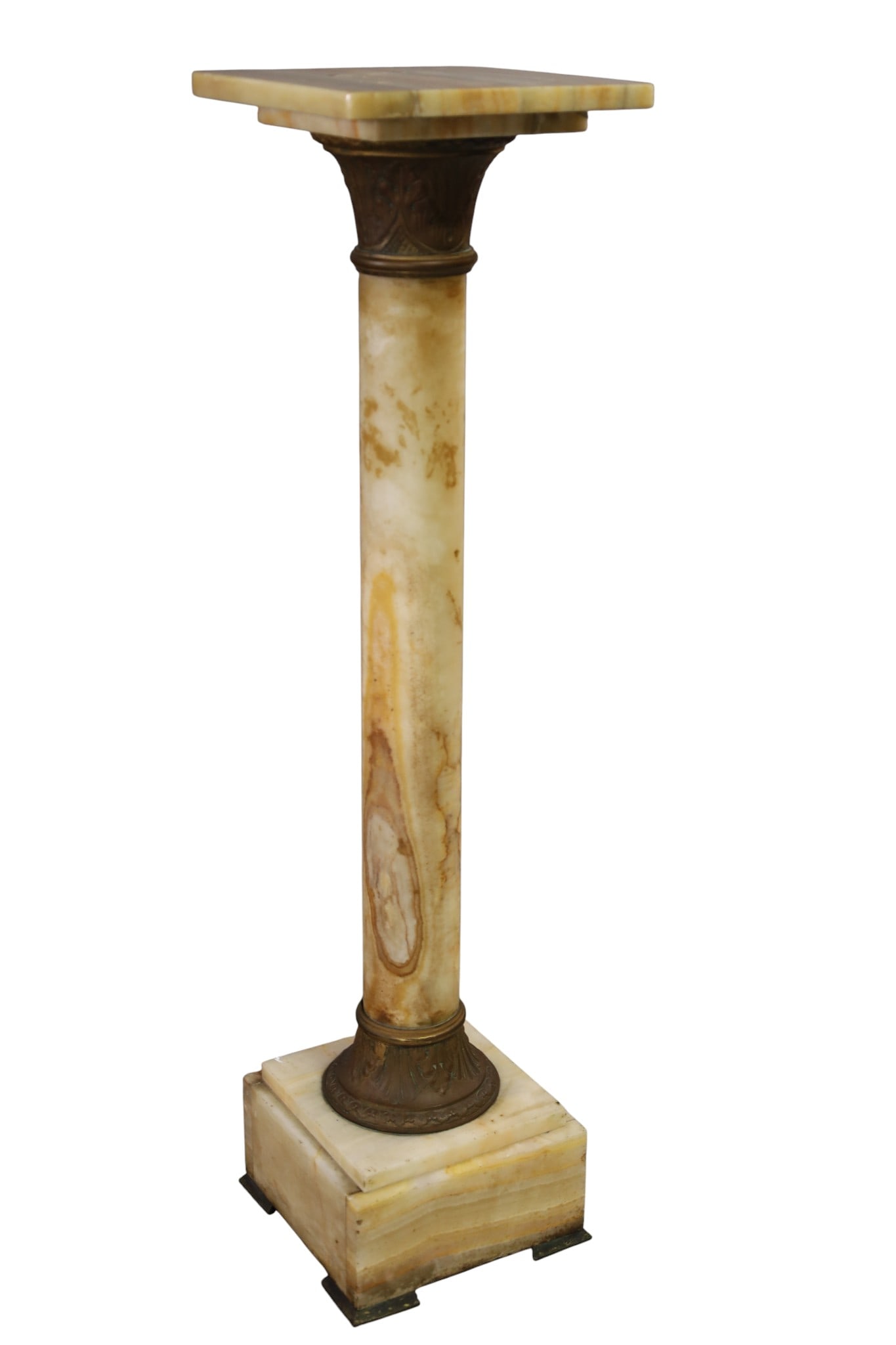 ALABASTER PEDESTAL: COLUMN FORM ALABASTER PEDESTAL, 10 1/2" x 10 1/2" x 41" H.THIS ITEM EXCEEDS SIZE LIMITATIONS FOR IN HOUSE SHIPPING, MUST BE PICKED UP IN HOUSE OR SHIPPED VIA 3rd PARTY GROUND SHIPPER.