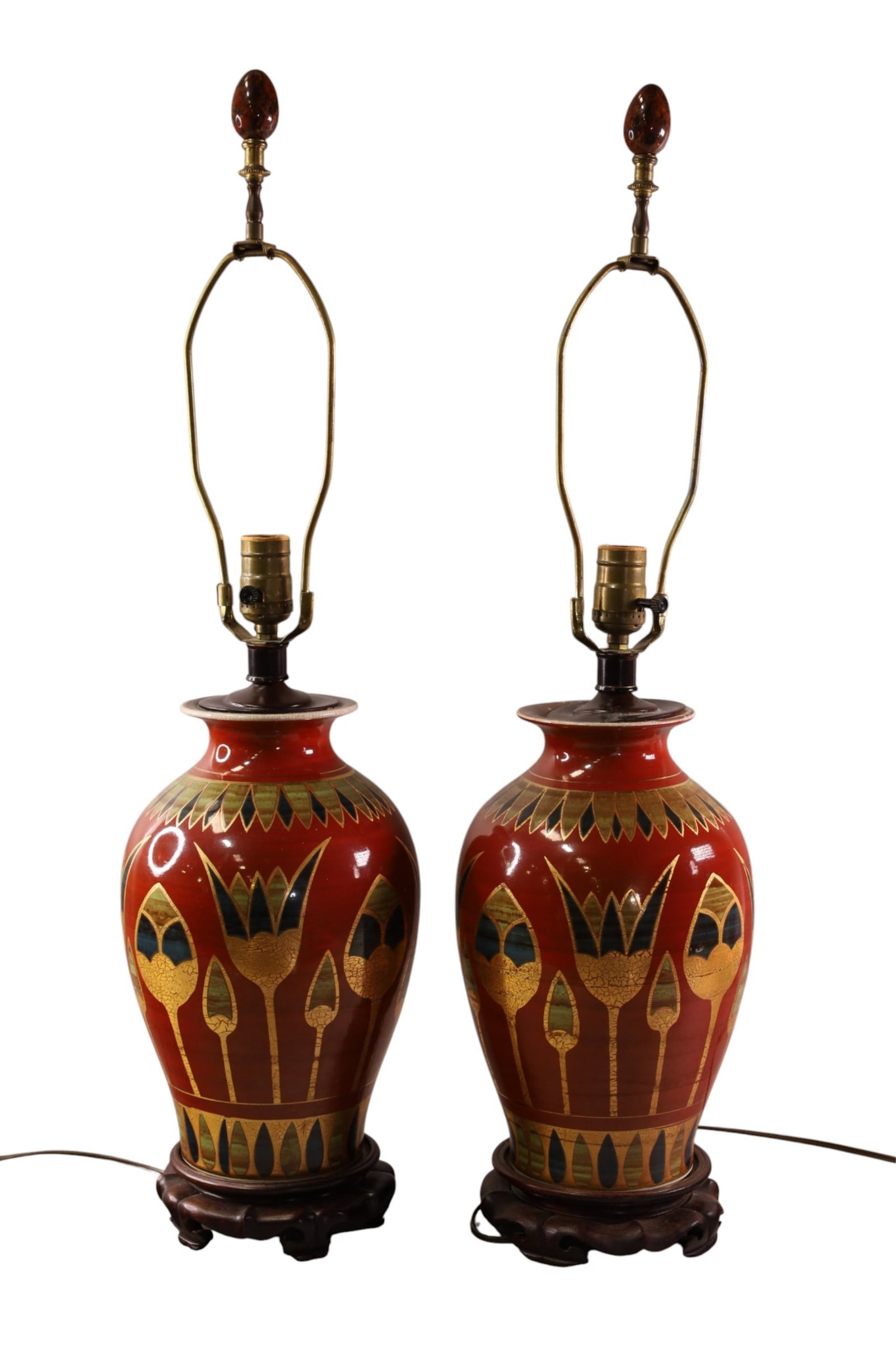 PAIR OF ASIAN LAMPS: PAIR OF ASIAN MOTIF TABLE LAMPS, ON WOODEN BASE. NO SHADES. 30" H.