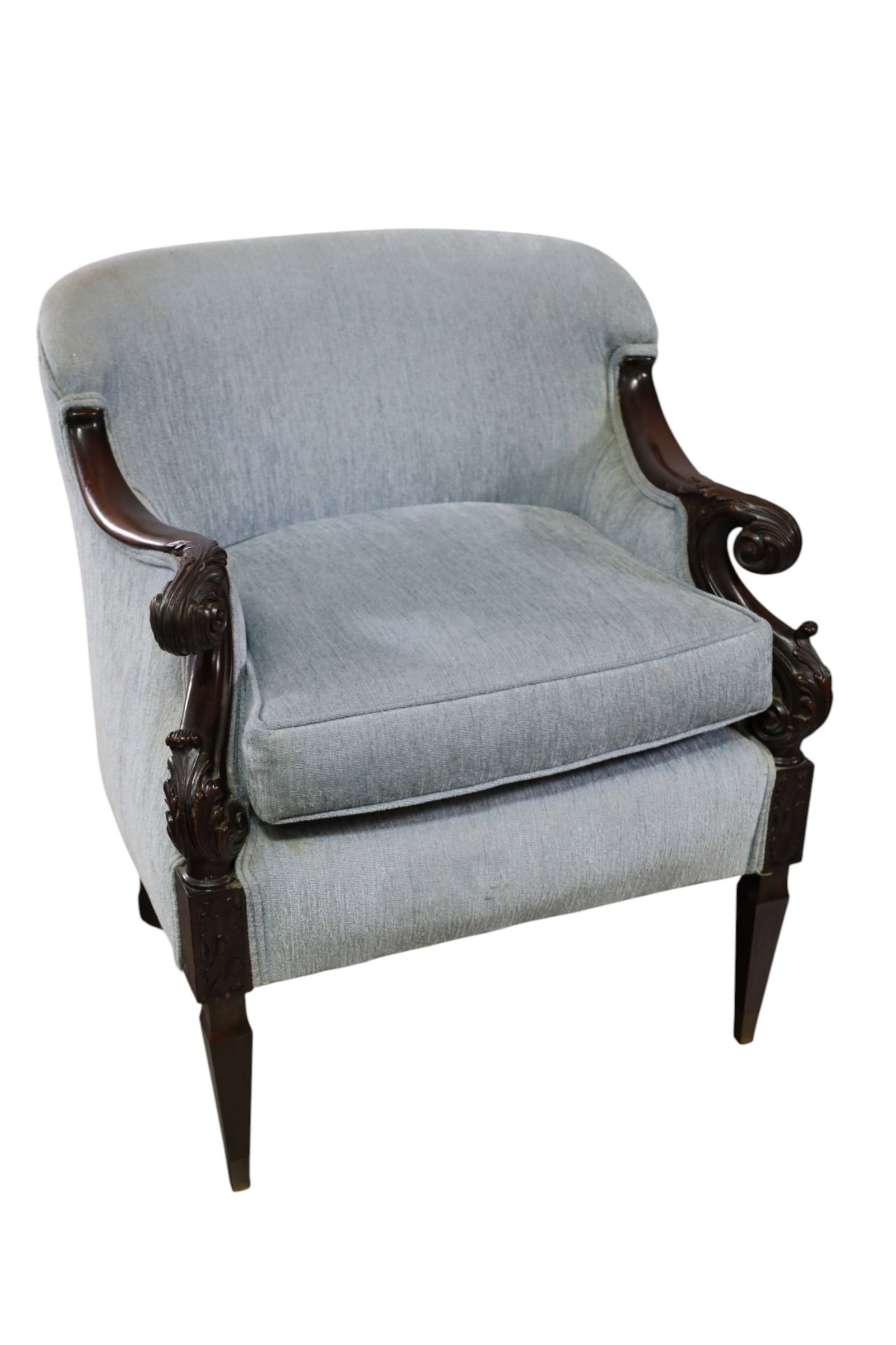 VICTORIAN PARLOR CHAIR: CARVED FRAMED VICTORIAN MAHOGANY PARLOR CHAIR, 28" W x 29" D x 33" H. THIS ITEM EXCEEDS SIZE LIMITATIONS FOR IN HOUSE SHIPPING, MUST BE PICKED UP IN HOUSE OR SHIPPED VIA 3rd PARTY GROUND SHIPPER.