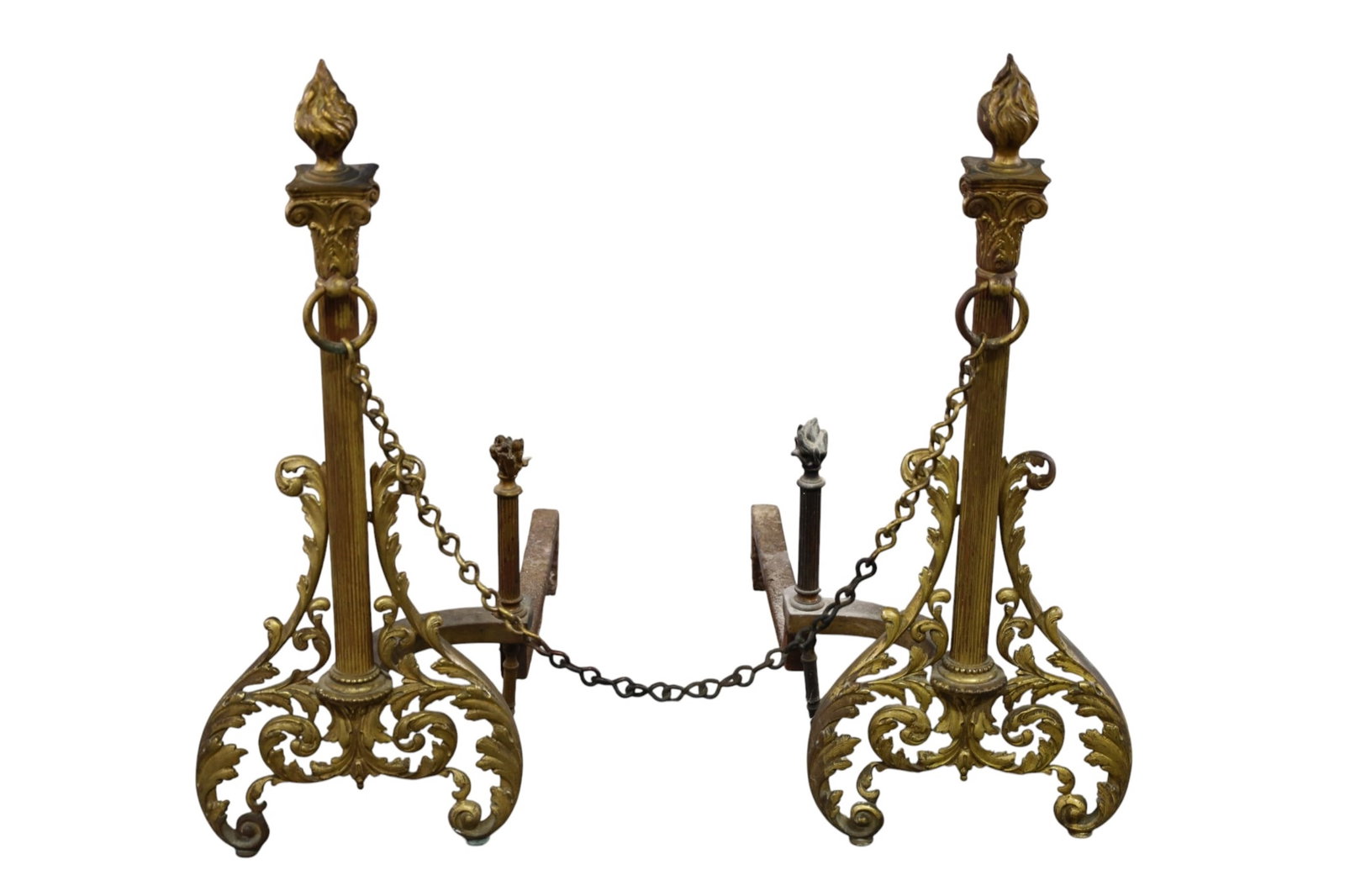 PAIR OF FRENCH STYLE ANDIRONS: PAIR OF LARGE ANDIRONS, 11" W x 28" H. THIS ITEM EXCEEDS SIZE LIMITATIONS FOR IN HOUSE SHIPPING, MUST BE PICKED UP IN HOUSE OR SHIPPED VIA 3rd PARTY GROUND SHIPPER.