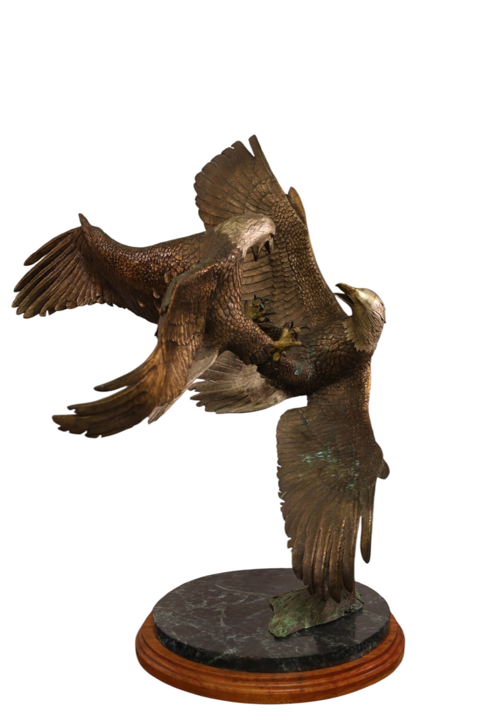 DAN FRANCIS BRONZE EAGLE SCULPTURE: LARGE DOUBLE EAGLE BRONZE SCULPTURE, ON MARBLE BASE, DATED 1987, TITLED LOVE TAP, 39" W 35" H. THIS ITEM EXCEEDS SIZE LIMITATIONS FOR IN HOUSE SHIPPING, MUST BE PICKED UP IN HOUSE OR SHIPPED VIA 3rd