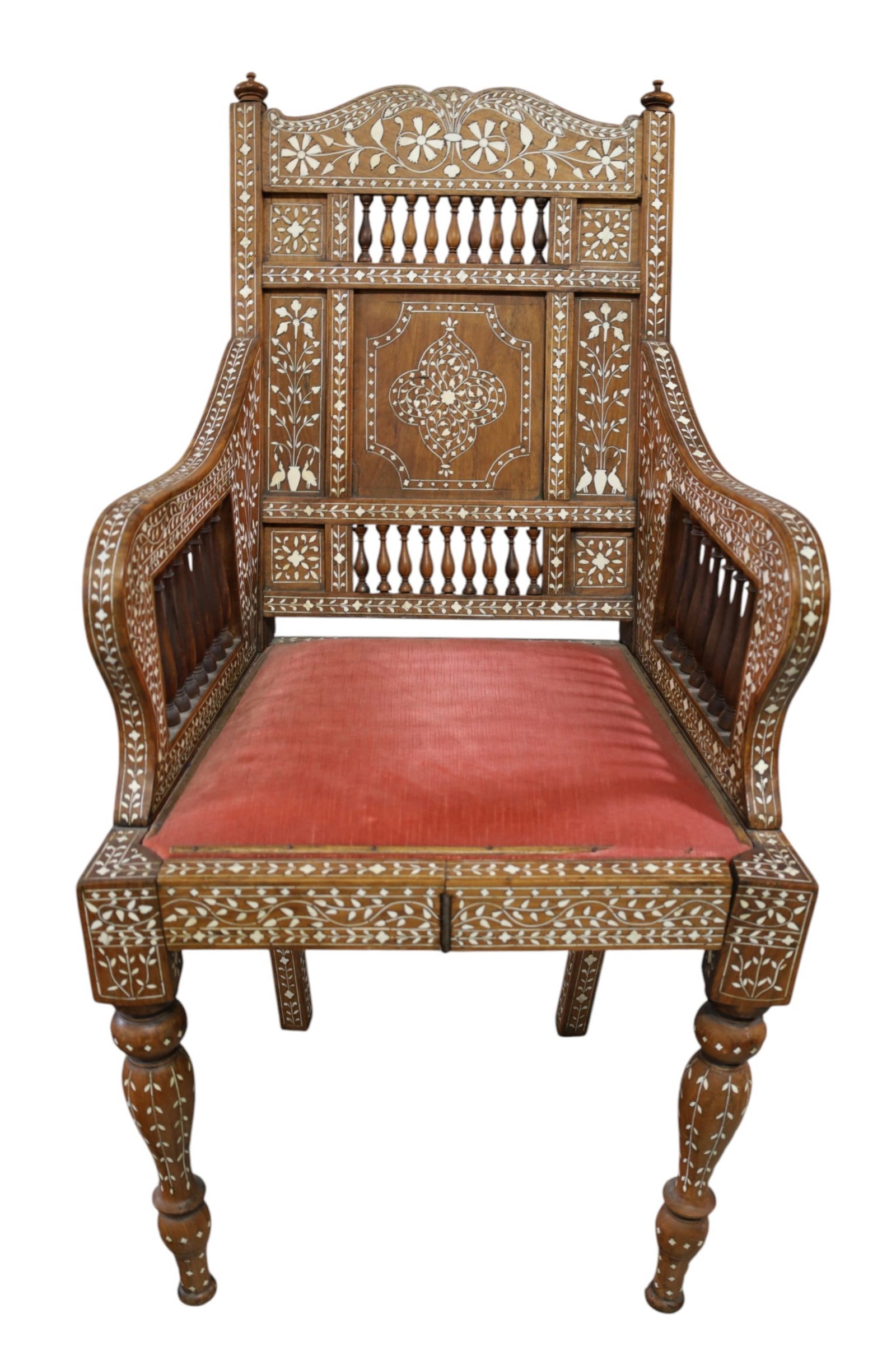 SYRIAN ARMCHAIR: HIGHLY INLAID SYRIAN ARMCHAIR, SPINDLE SIDES. FOLDING AND MODULAR 22" W x 24" D x 38" H. THIS ITEM EXCEEDS SIZE LIMITATIONS FOR IN HOUSE SHIPPING, MUST BE PICKED UP IN HOUSE OR SHIPPED VIA 3rd PARTY