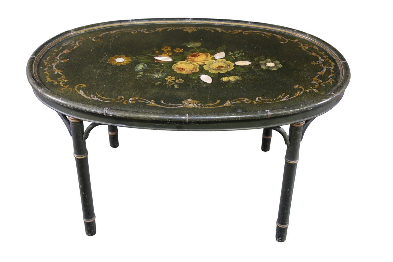 FAUX BAMBOO COFFEE TABLE: FAUX BAMBOO, TOLE & INLAID COFFEE TABLE. 32" W x 21" D x 16" H. THIS ITEM EXCEEDS SIZE LIMITATIONS FOR IN HOUSE SHIPPING, MUST BE PICKED UP IN HOUSE OR SHIPPED VIA 3rd PARTY GROUND SHIPPER.