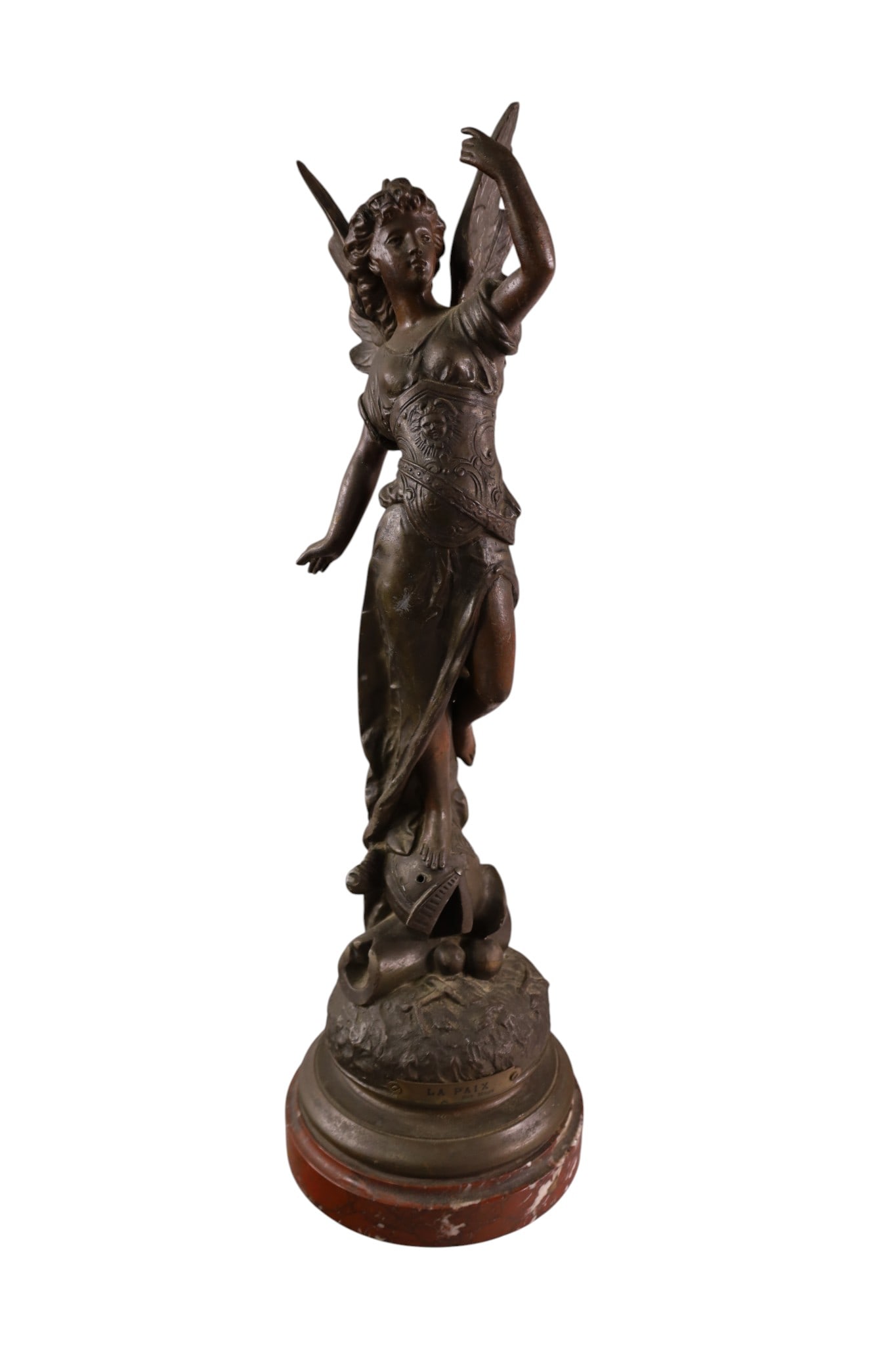 LA PAIX SPELTER STATUE: SPELTER SCULPTURE, BY MAGE, DAMAGE TO HAND, PITTING TO SURFACE 20" H.