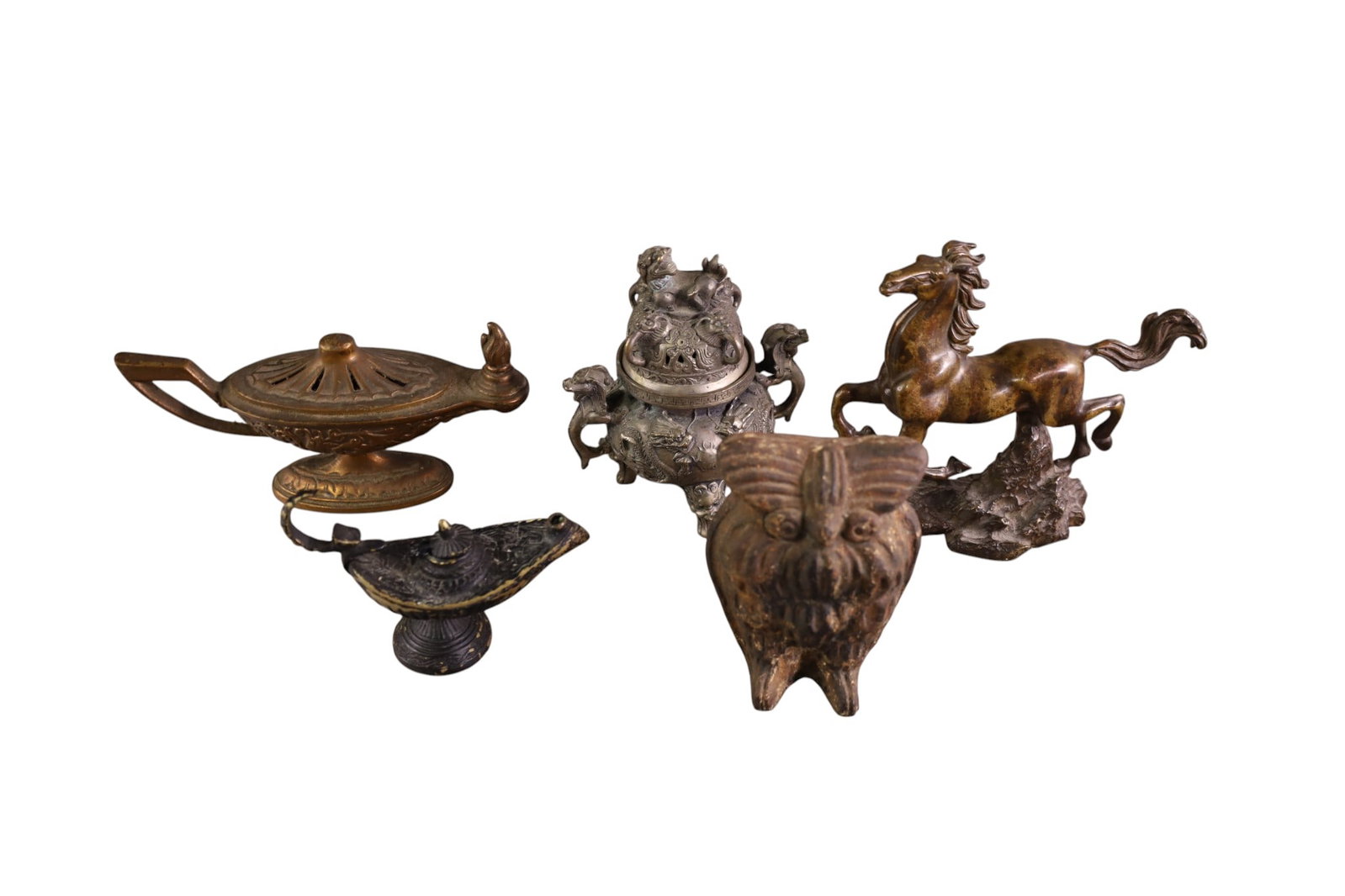 GROUPING OF TABLE ITEMS: BRONZE HORSE, INCENSE BURNER, AND MORE. 3 1/2" - 6" H.