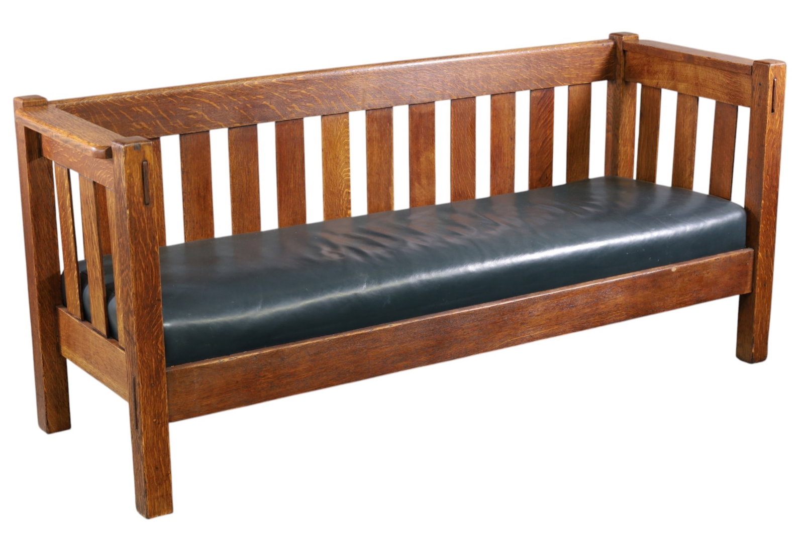 HARDEN SETTLE: LARGE MISSION OAK, ARTS & CRAFTS SETTLE, SLAT SIDE AND BACK. THROUGH TENON & PEGGED CONSTRUCTION. 80" W x 27" D x 35" H. THIS ITEM EXCEEDS SIZE LIMITATIONS FOR IN HOUSE SHIPPING, MUST BE PICKED UP IN