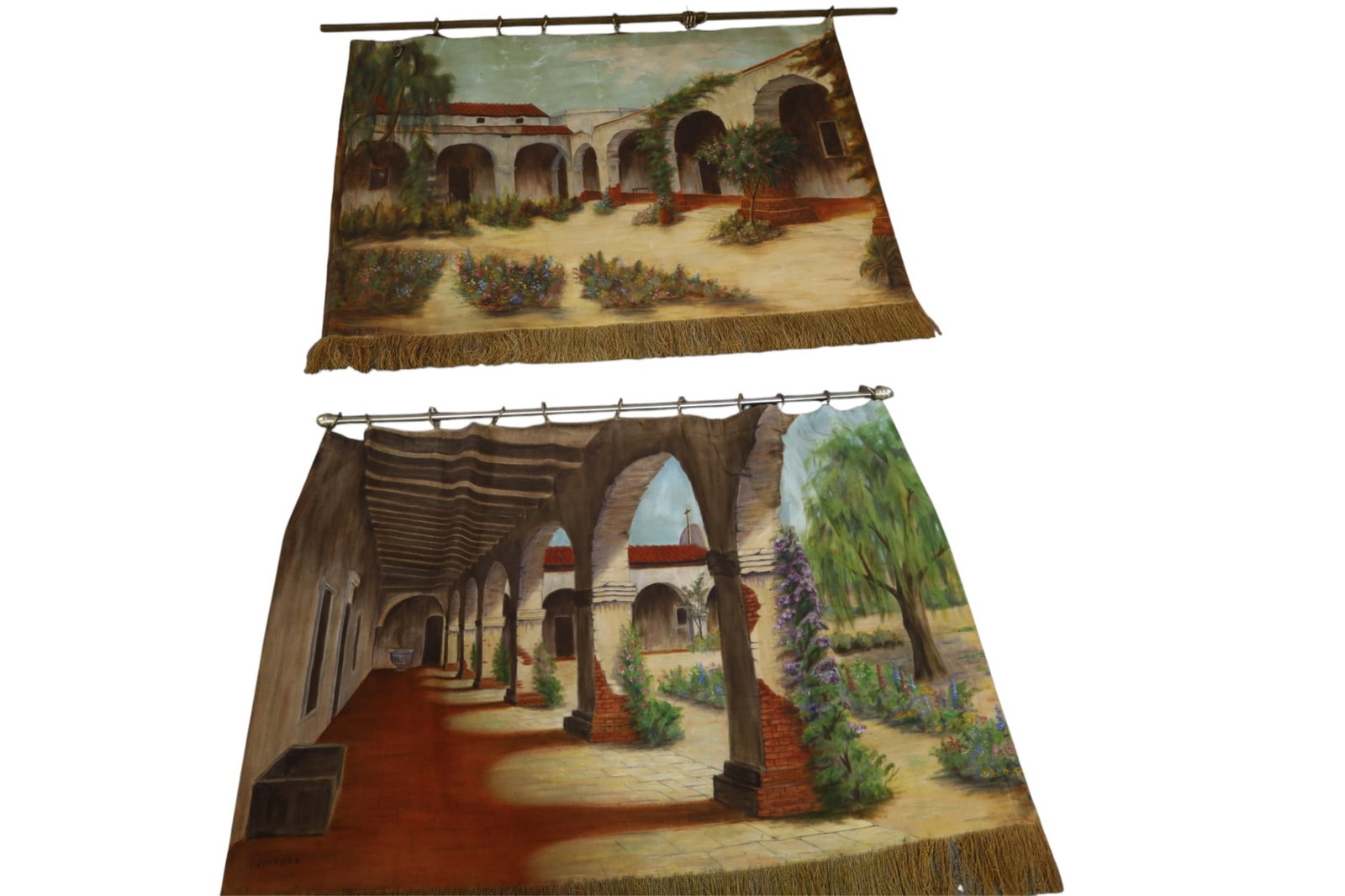 2 MISSION PAINTINGS: 2 MISSION PAINTINGS ON FABRIC, DATED 1934. SIGNED LAVERGNE. 45" - 47" W. THIS ITEM EXCEEDS SIZE LIMITATIONS FOR IN HOUSE SHIPPING, MUST BE PICKED UP IN HOUSE OR SHIPPED VIA 3rd PARTY GROUND SHIPPER.