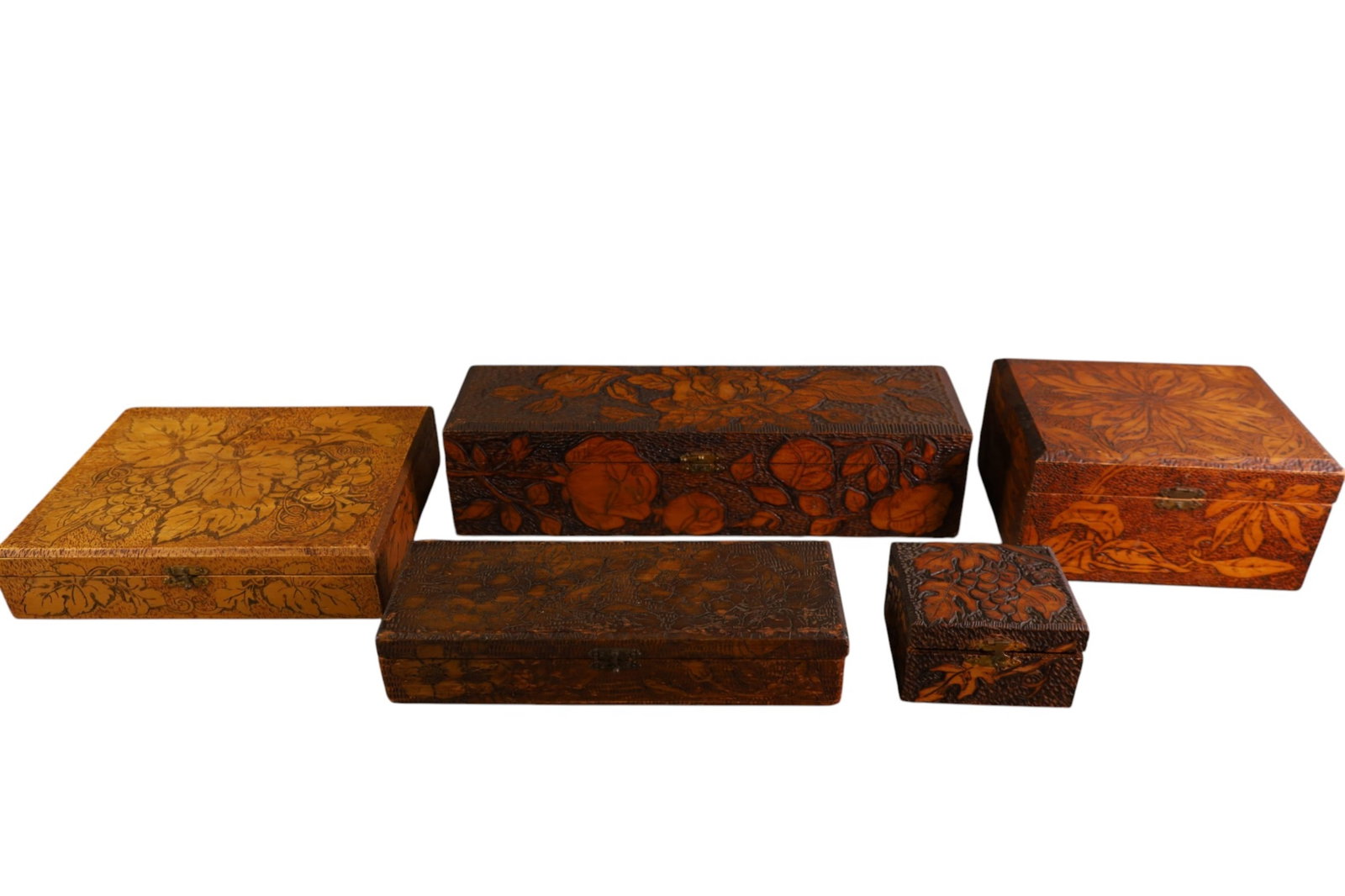 COLLECTION OF PYRO ART BOXES: FLEMISH PYRO ART BOXES, 12" - 16" L.