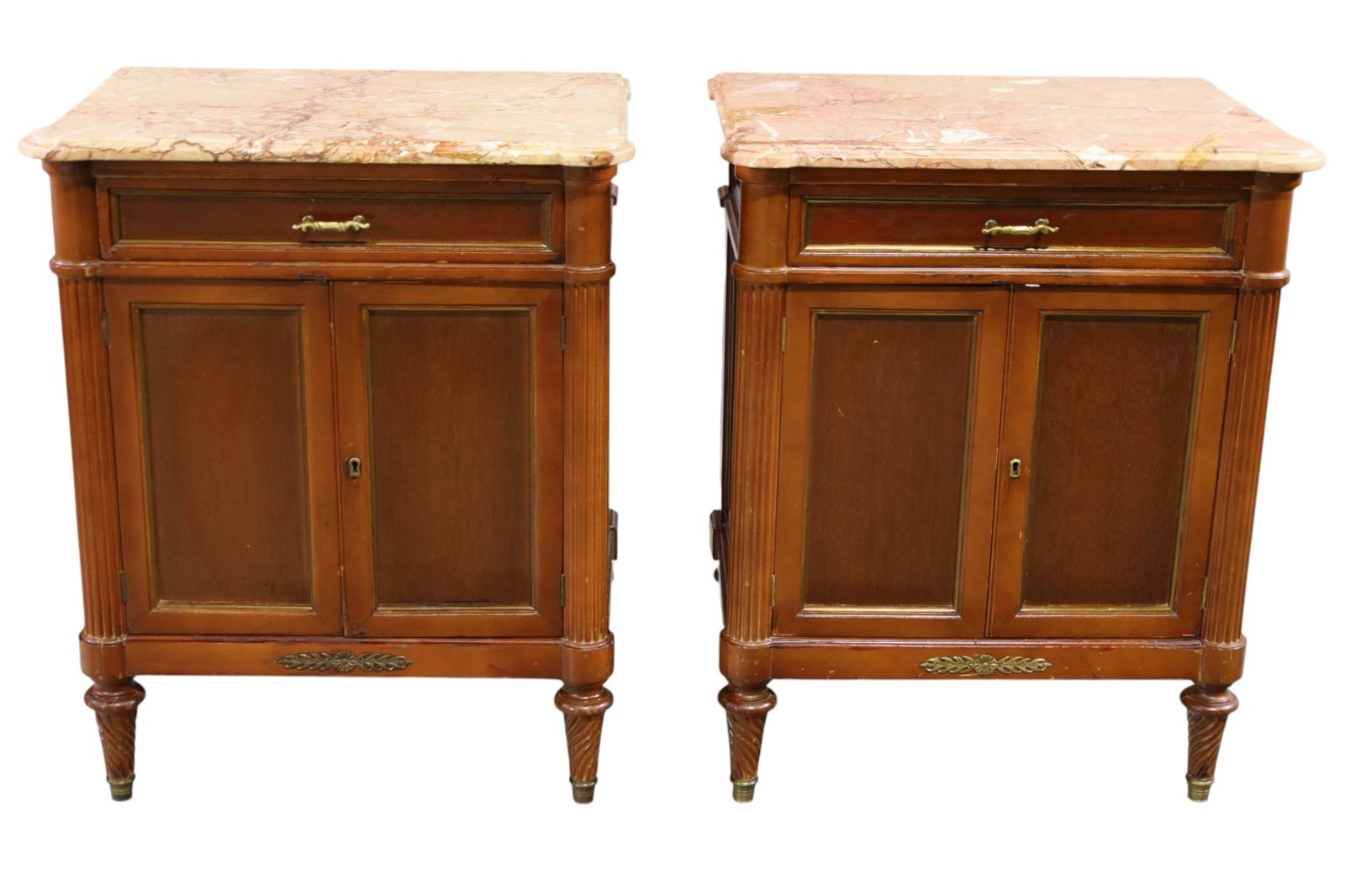 PAIR OF MARBLE TOP NIGHTSTANDS: SINGLE DRAWER, TWO DOOR MARBLE TOP NIGHTSTANDS, NO KEY. 23 1/2" W x 17" D x 29" H. THIS ITEM EXCEEDS SIZE LIMITATIONS FOR IN HOUSE SHIPPING, MUST BE PICKED UP IN HOUSE OR SHIPPED VIA 3rd PARTY GROUND