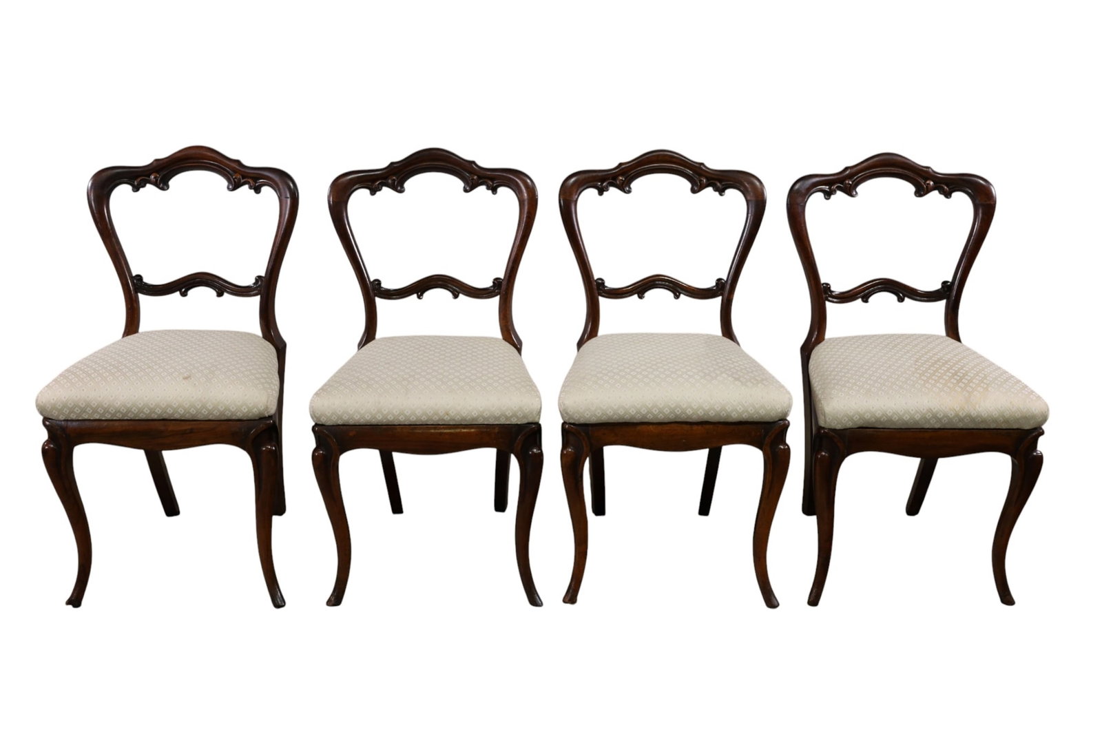 SET OF 4 VICTORIAN DINING CHAIRS: SET OF 4 ROSEWOOD VICTORIAN DINING CHAIRS, STAINS TO UPHOSLTERY, SOME VENEER DAMAGE. 18" W x 17" D x 34" H. THIS ITEM EXCEEDS SIZE LIMITATIONS FOR IN HOUSE SHIPPING, MUST BE PICKED UP IN HOUSE OR