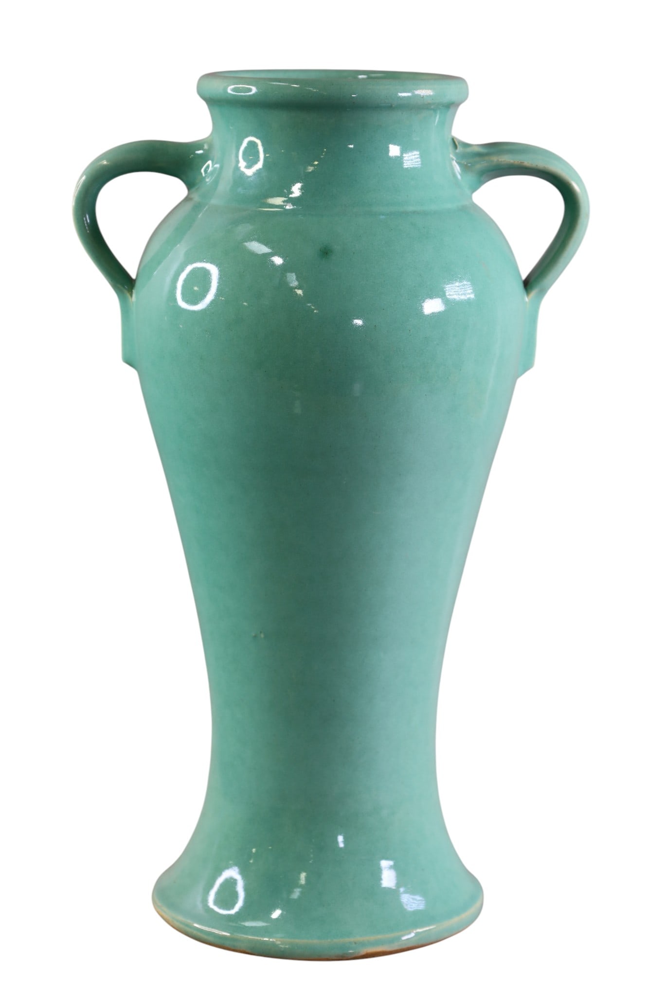 BAUER REBEKAH VASE: BAUER MATT CARLTON GREEN GLAZED REBEKAH VASE, DOUBLE HANDLE. 16" H.