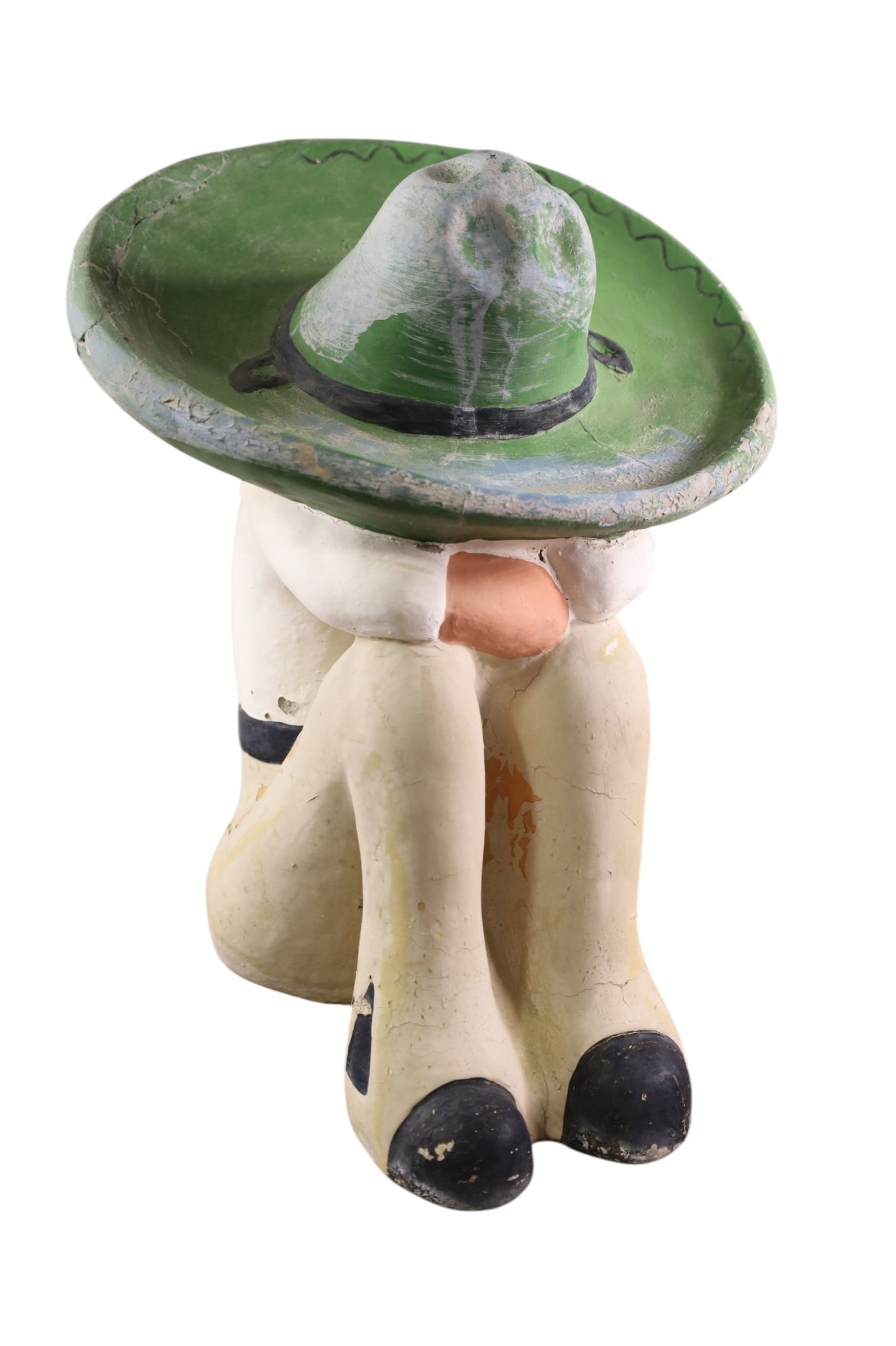 MEXICAN YARD FIGURE: PAINTED CONCRETE MEXICAN SEATED FIGURE, SOME PAINT LOSS & DAMAGE. 18" H. THIS ITEM EXCEEDS SIZE LIMITATIONS FOR IN HOUSE SHIPPING, MUST BE PICKED UP IN HOUSE OR SHIPPED VIA 3rd PARTY GROUND SHIPPER.