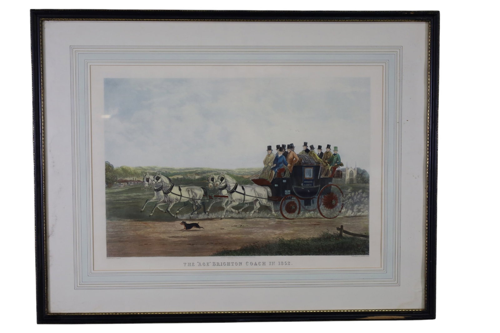 LARGE HAND COLORED ENGRAVING: TITLED THE AGE BRIGHTON COACH IN 1852. BY CHARLES HUNT. FRAMED UNDER GLASS, HAND COLORED ENGRAVING, DAMAGE TO FRAME. 40" x 31"