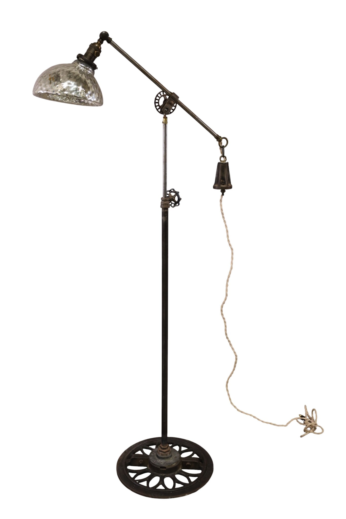 INDUSTRIAL FLOOR LAMP: INDUSTRIAL FLOOR LAMP WITH IRON BASE, 60" H. THIS ITEM EXCEEDS SIZE LIMITATIONS FOR IN HOUSE SHIPPING, MUST BE PICKED UP IN HOUSE OR SHIPPED VIA 3rd PARTY GROUND SHIPPER.