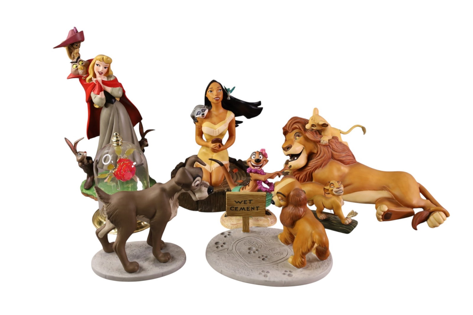 7 WALT DISNEY FIGURES: LION KING, LADY & THE TRAMP, POCAHONTAS & FANTASIA. WALT DISNEY CLASSICS COLLECTION. SOME CHIPS. WITH BOXES
