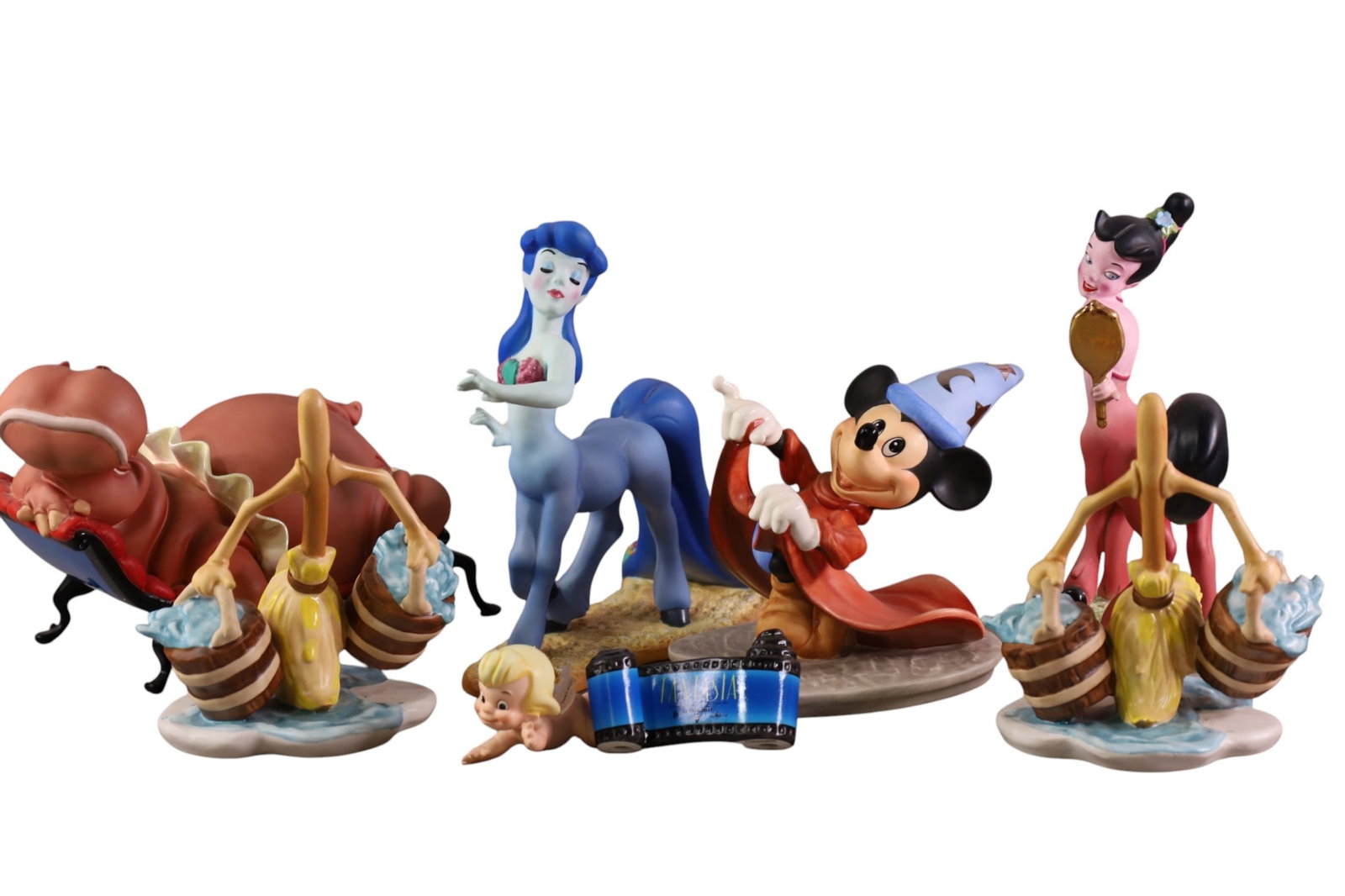 7 WALT DISNEY FIGURES: FANTASIA, MICKEY SORCERERS APPRENTICE, HYACINTH HIPPO, AND MORE. WALT DISNEY CLASSICS. 1 TO 7"H. ALL WITH BOXES.