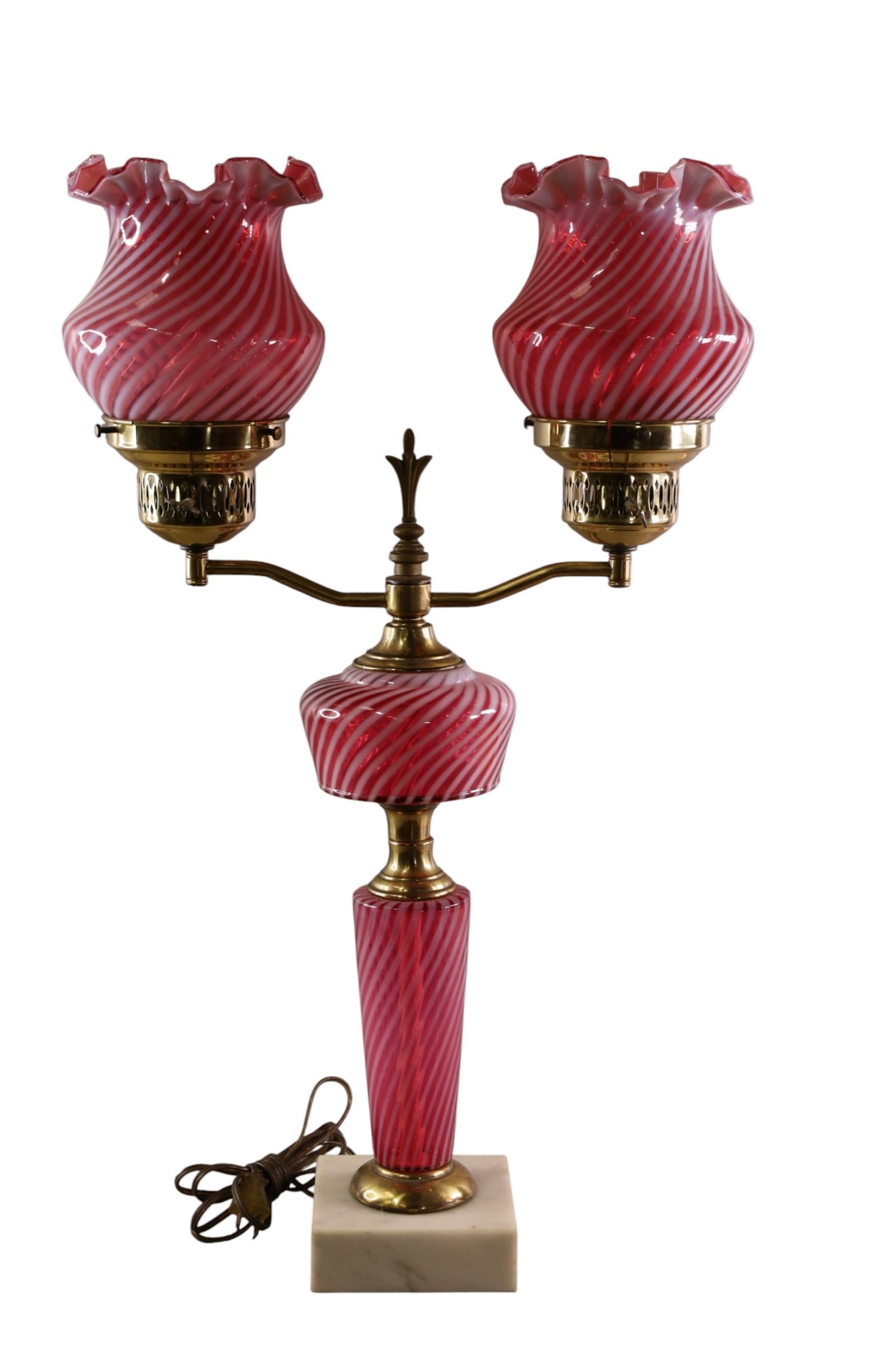 FENTON TABLE LAMP: CRANBERRY SWIRL BRASS AND MARBLE LAMP. 27"H