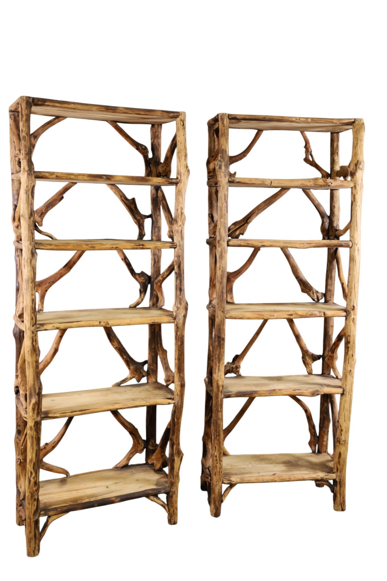 2 RUSTIC BOOK SHELVES: OLD HICKORY STYLE TWIG ADIRONDACK STYLE BOOKSHELVES. 29" X 13 X 77" THIS ITEM EXCEEDS SIZE LIMITATIONS FOR IN HOUSE SHIPPING, MUST BE PICKED UP IN HOUSE OR SHIPPED VIA 3rd PARTY GROUND SHIPPER.