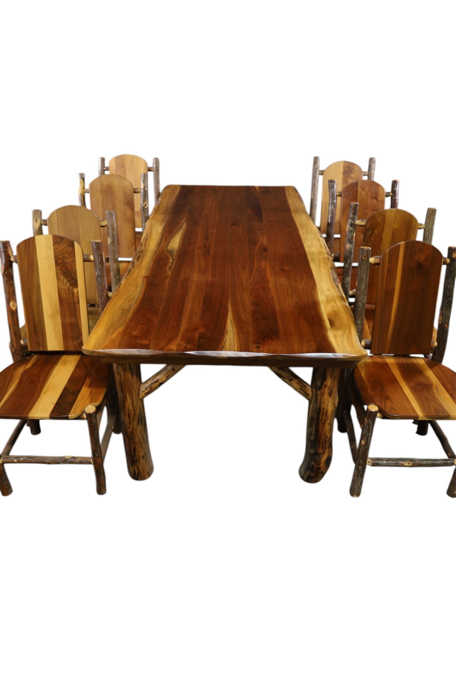 OLD HICKORY STYLE TABLE AND 8 CHAIRS: RUSTIC HICKORY DINING TABLE AND 8 MATCHING CHAIRS. TABLE 96LX41-1/2WX30"H CHAIR 20WX20DX40"H THIS ITEM EXCEEDS SIZE LIMITATIONS FOR IN HOUSE SHIPPING, MUST BE PICKED UP IN HOUSE OR SHIPPED VIA 3rd
