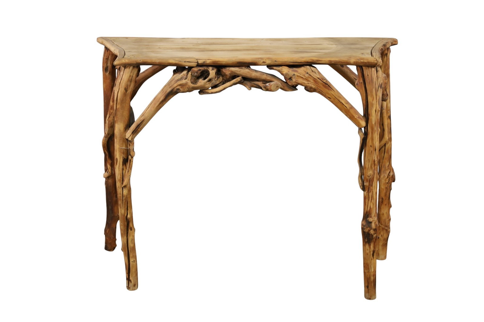 RUSTIC SIDE TABLE: OLD HICKORY STYLE SIDE TABLE. 40" W X 16" D X 31" THIS ITEM EXCEEDS SIZE LIMITATIONS FOR IN HOUSE SHIPPING, MUST BE PICKED UP IN HOUSE OR SHIPPED VIA 3rd PARTY GROUND SHIPPER.
