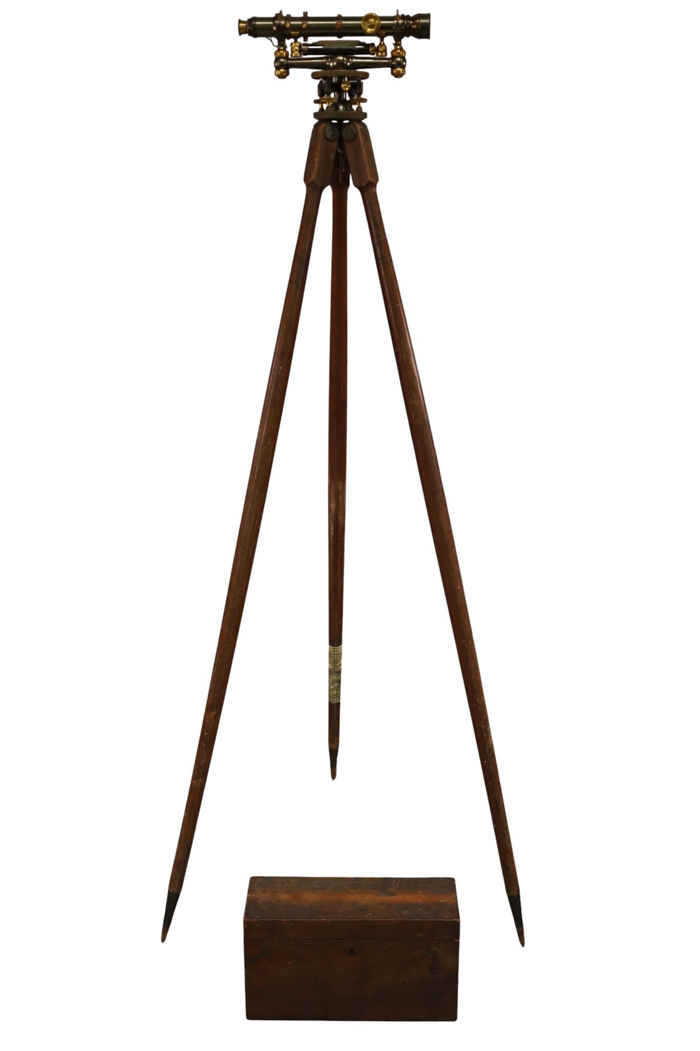 TRANSIT ON STAND: MARKED W & L.E. GURLEYS INSTRUMENT MFG. CIVIL ENGINEERS SURVEYOR TRANSIT. IN CASE, WITH TRIPOD, REPAIR TO ONE LEG. 62" H AS SHOWN. THIS ITEM EXCEEDS SIZE LIMITATIONS FOR IN HOUSE SHIPPING, MUST BE