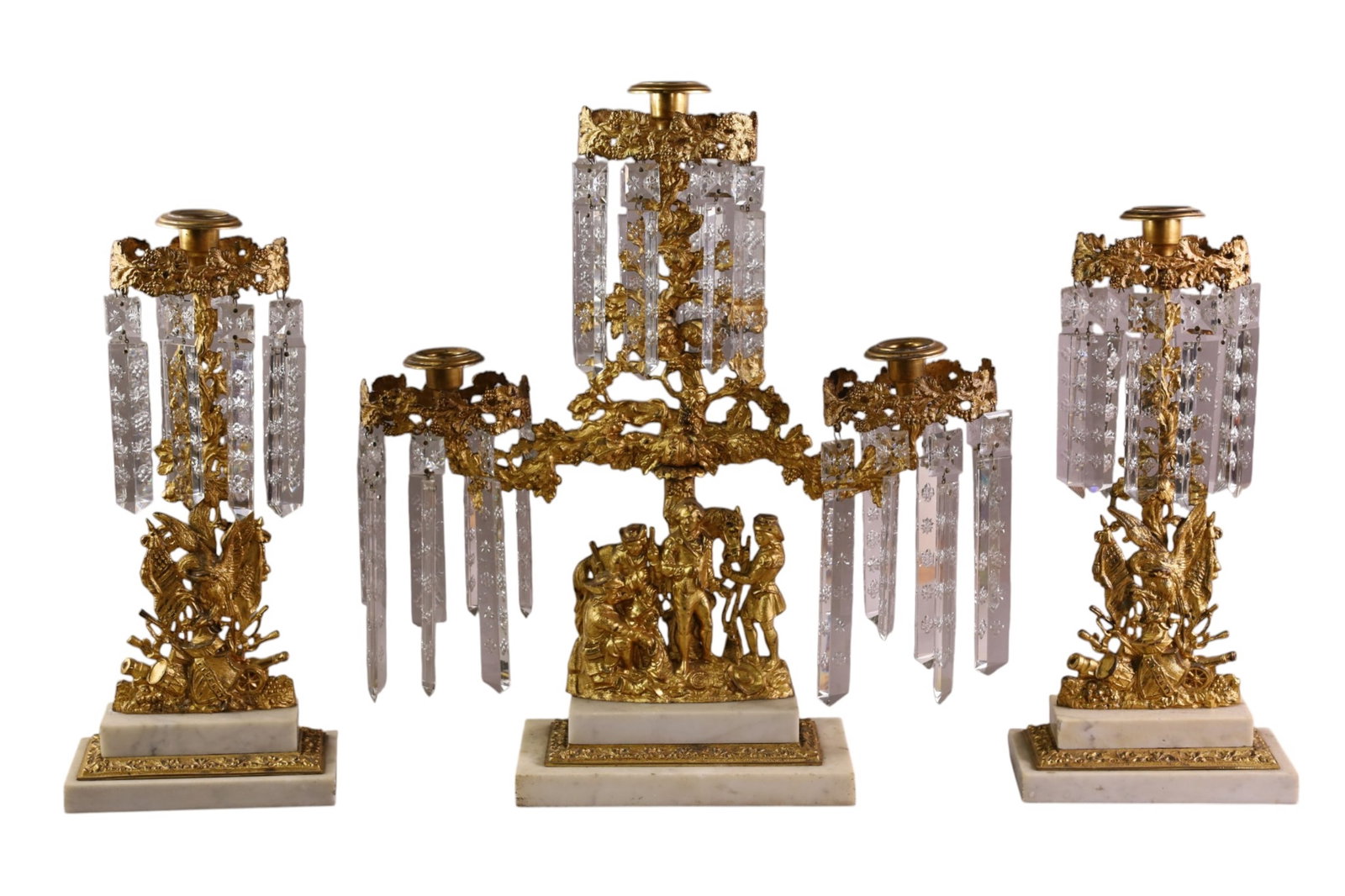 3 PIECE VICTORIAN CANDELABRA SET: BRASS AND CRYSTAL PRISMS, MISSING ONE PRISM. 16 1/2" W x 18" H. & 7" x 15" H.