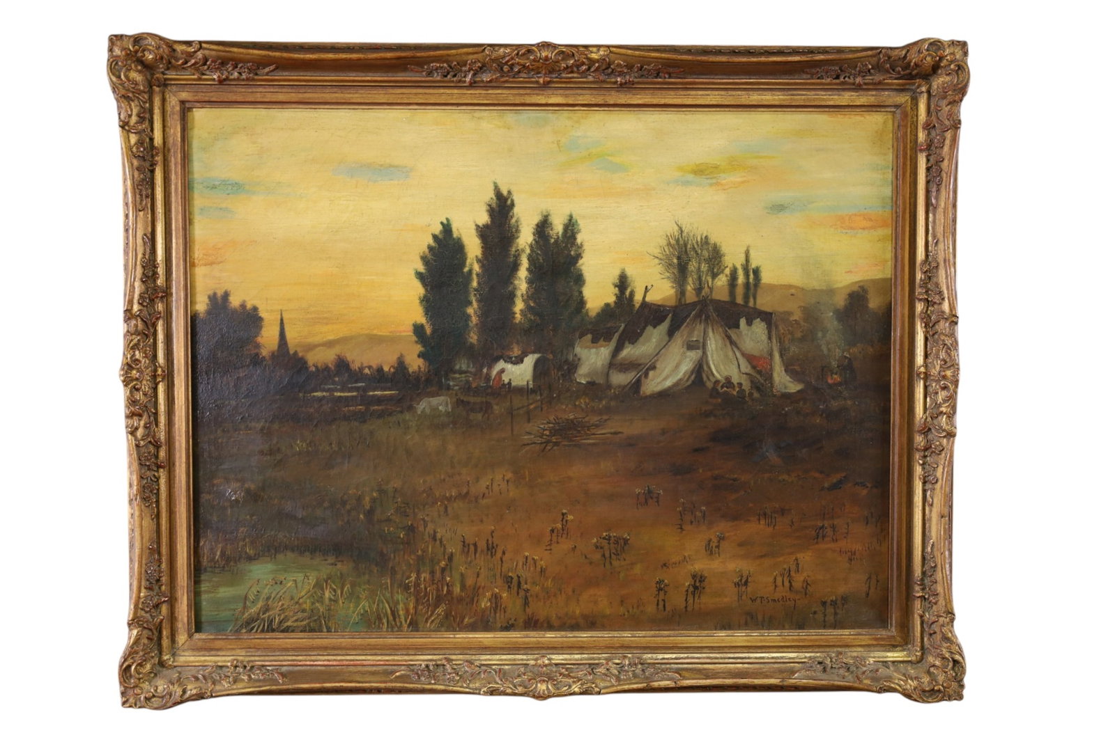 W. SMEDLEY OIL PAINTING: OIL ON CANVAS, PLAINS LANDSCAPE OIL PAINTING, HEAVY CRAZING. NEEDS CLEANED. 38" x 29 1/2"