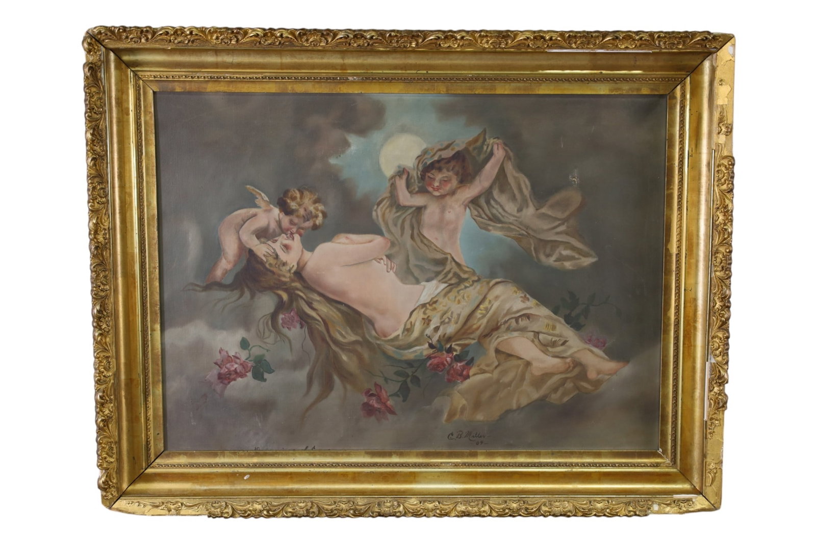VICTORIAN OIL PAINTING: OIL ON CANVAS, MOTHER WITH CHERUBS, SIGNED C.B. MILLER, DATED 1904. CHIPS TO FRAME. SMALL HOLE. 34" x 26"