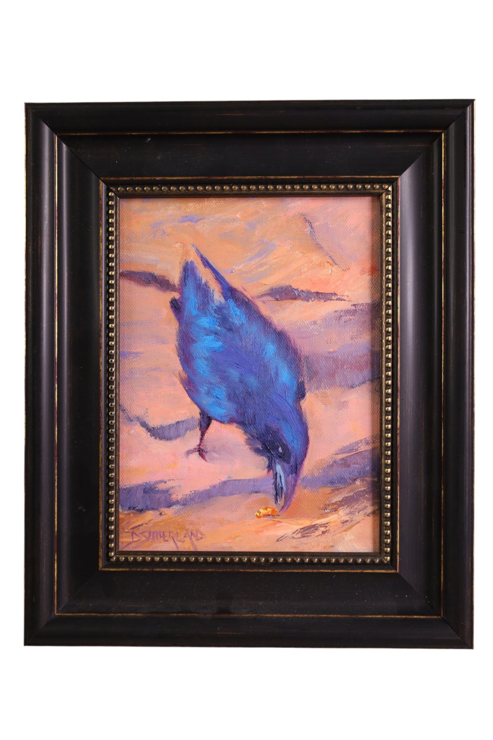 DAWN SUTHERLAND OIL PAINTING: SMALL DAWN SUTHERLAND (ARIZONA ARTIST) RAVEN PAINTING TITLED APPETIZER, 9 1/2" X 11 1/2"
