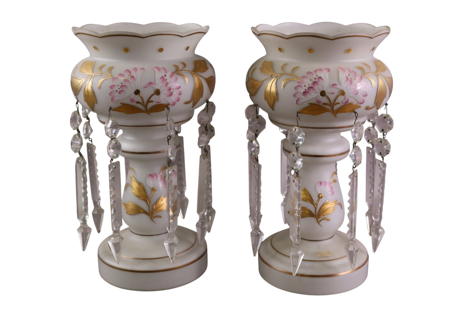 PAIR OF CRYSTAL PRISM LUSTERS: PAIR OF BRISTOL STYLE CRYSTAL PRISM LUSTERS, SOME CHIPS. 12" H.