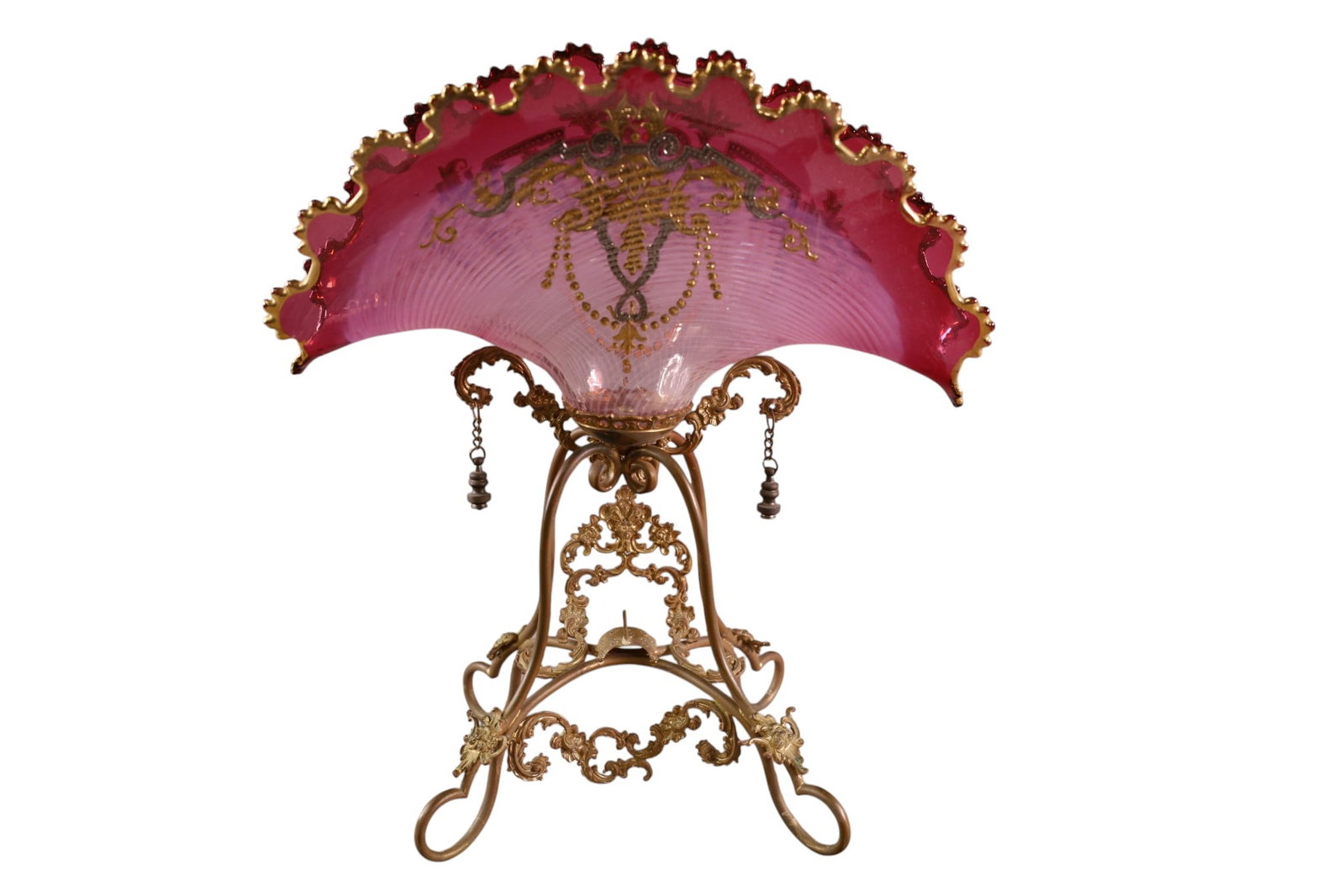 VICTORIAN CRANBERRY GLASS CENTER PIECE: HAND PAINTED CRANBERRY GLASS CENTER PIECE ON BRASS FOOTED BASE, POSSIBLY MISSING A PIECE OFF OF THE METAL. 13" W x 15" H.