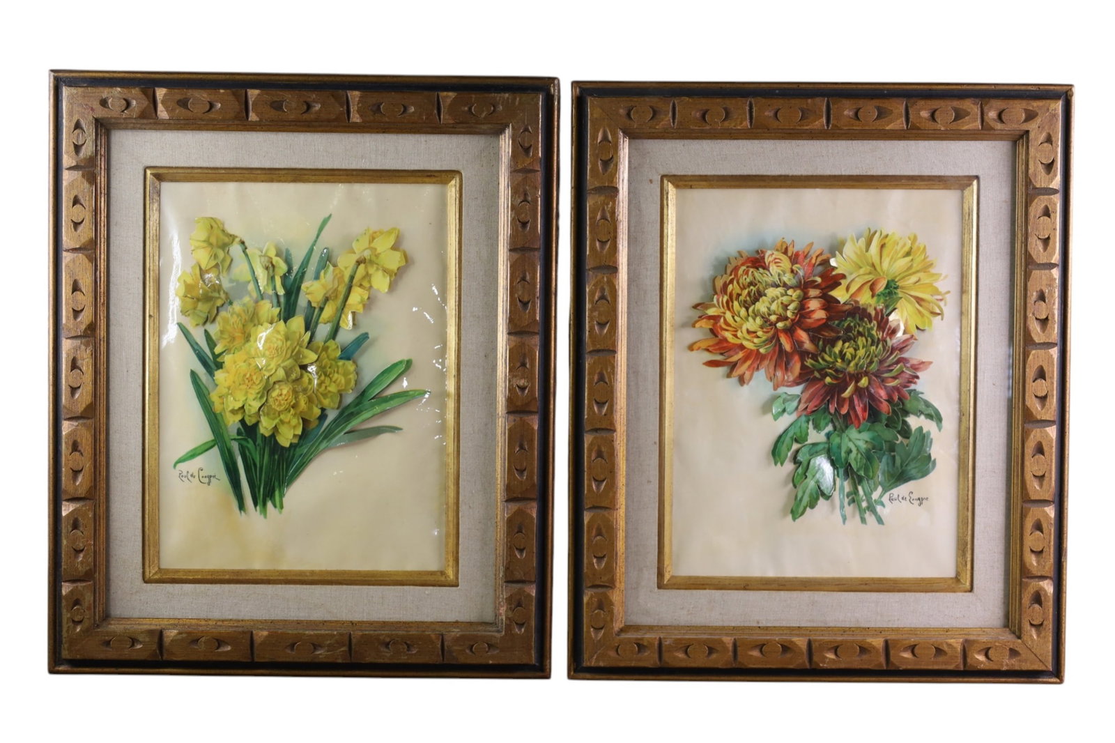 PAIR OF PAUL DE LONGPRE PRINTS: PAIR OF PAUL DE LONGPRE 3D FLORAL PRINTS IN RELIEF. 20" x 24"
