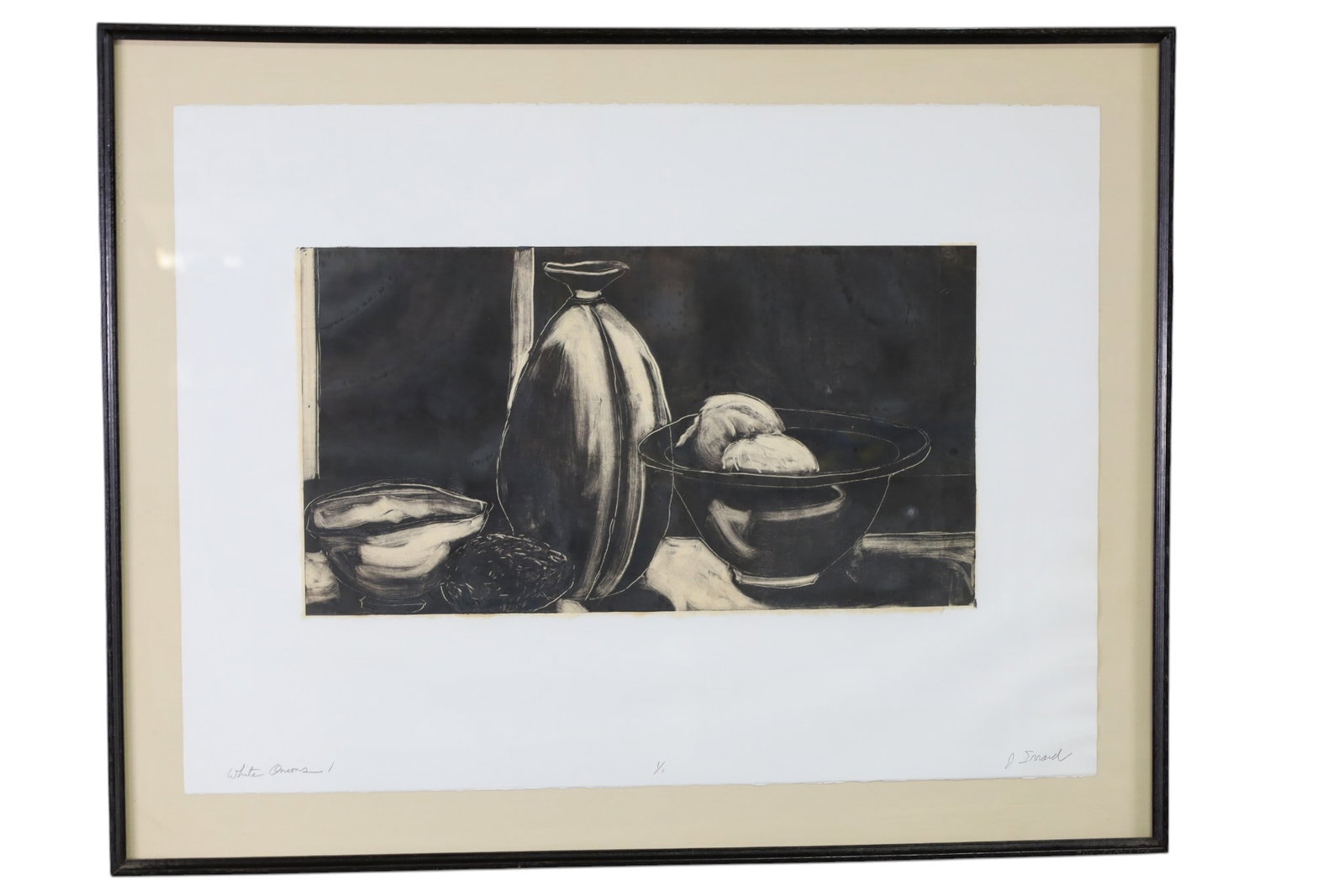 FRAMED LITHOGRAPH: TITLED WHITE ONIONS, SIGNED J. ENARD, No. 1/1. 35" X 27"