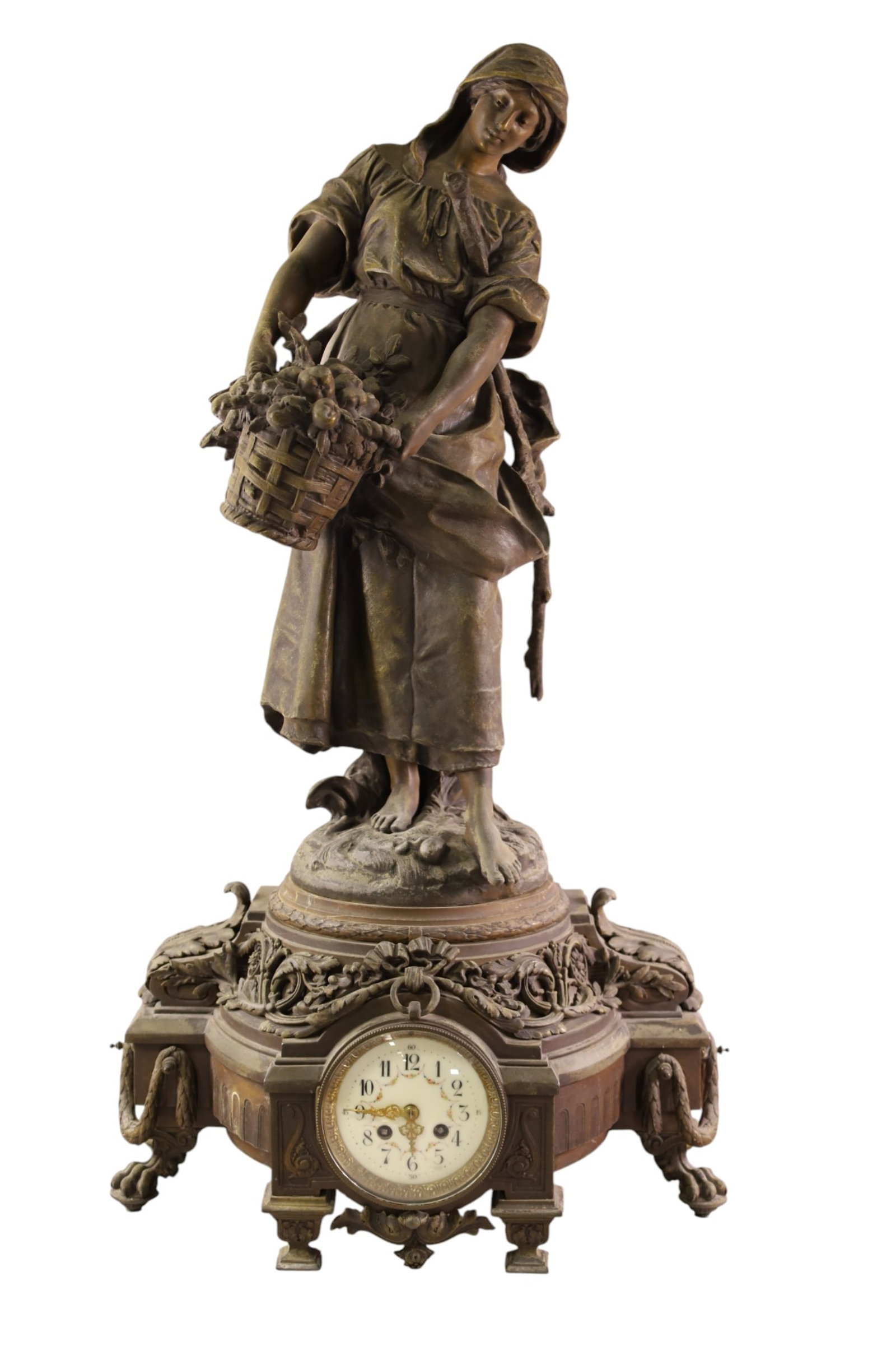 LARGE VICTORIAN FIGURAL MANTLE CLOCK: LARGE SPELTER VICTORIAN MANTLE CLOCK, PORCELAIN DIAL, WITH KEY, NO PENDULUM. ALL CLOCKS ARE SOLD AS IS WE DO NOT GUARANTEE WORKING ORDER. 18" W x 33" H. THIS ITEM EXCEEDS SIZE LIMITATIONS FOR IN