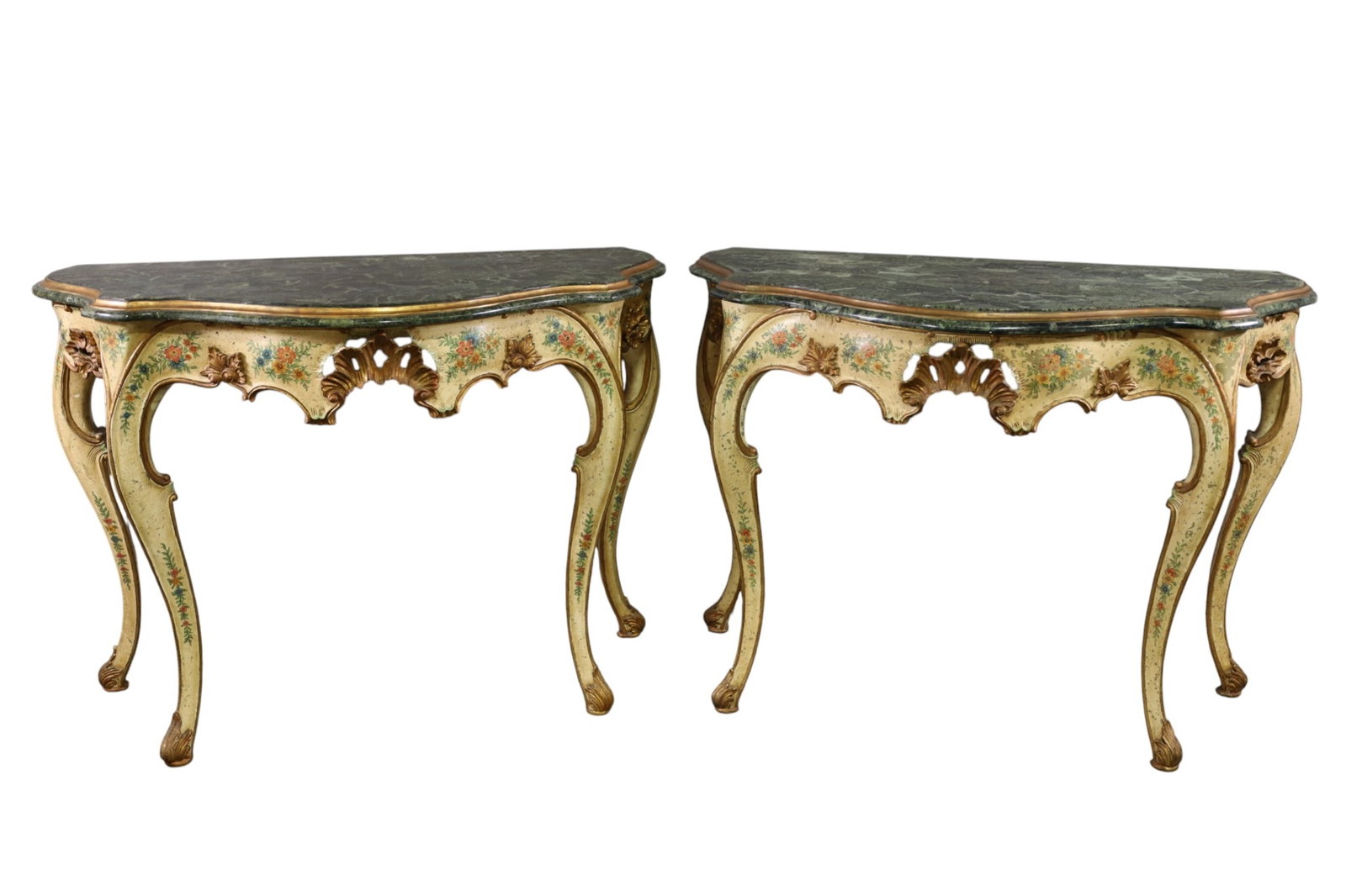 PAIR OF ITALIAN CONSOLES: PAIR OF HAND PAINTED ITALIAN CONSOLES, FAUX MARBLE TOPS. SOME PAINT LOSS. 47" W x 23" D x 34" H. THIS ITEM EXCEEDS SIZE LIMITATIONS FOR IN HOUSE SHIPPING, MUST BE PICKED UP IN HOUSE OR SHIPPED VIA