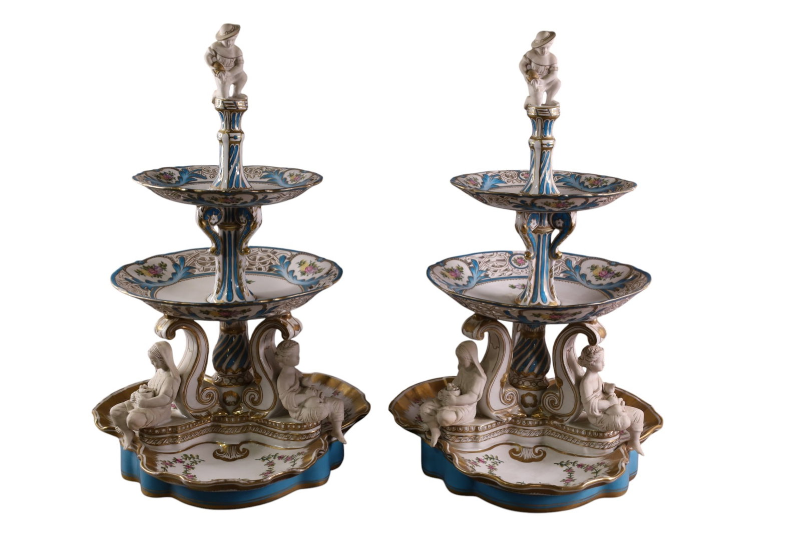 PAIR OF SEVRES CENTERPIECES: PAIR OF LARGE SEVRES TIERED CENTERPIECES, LATE 19TH CENTURY PORCELAIN CENTERPIECES. MARKED ON BASE, 14" W x 22" H.