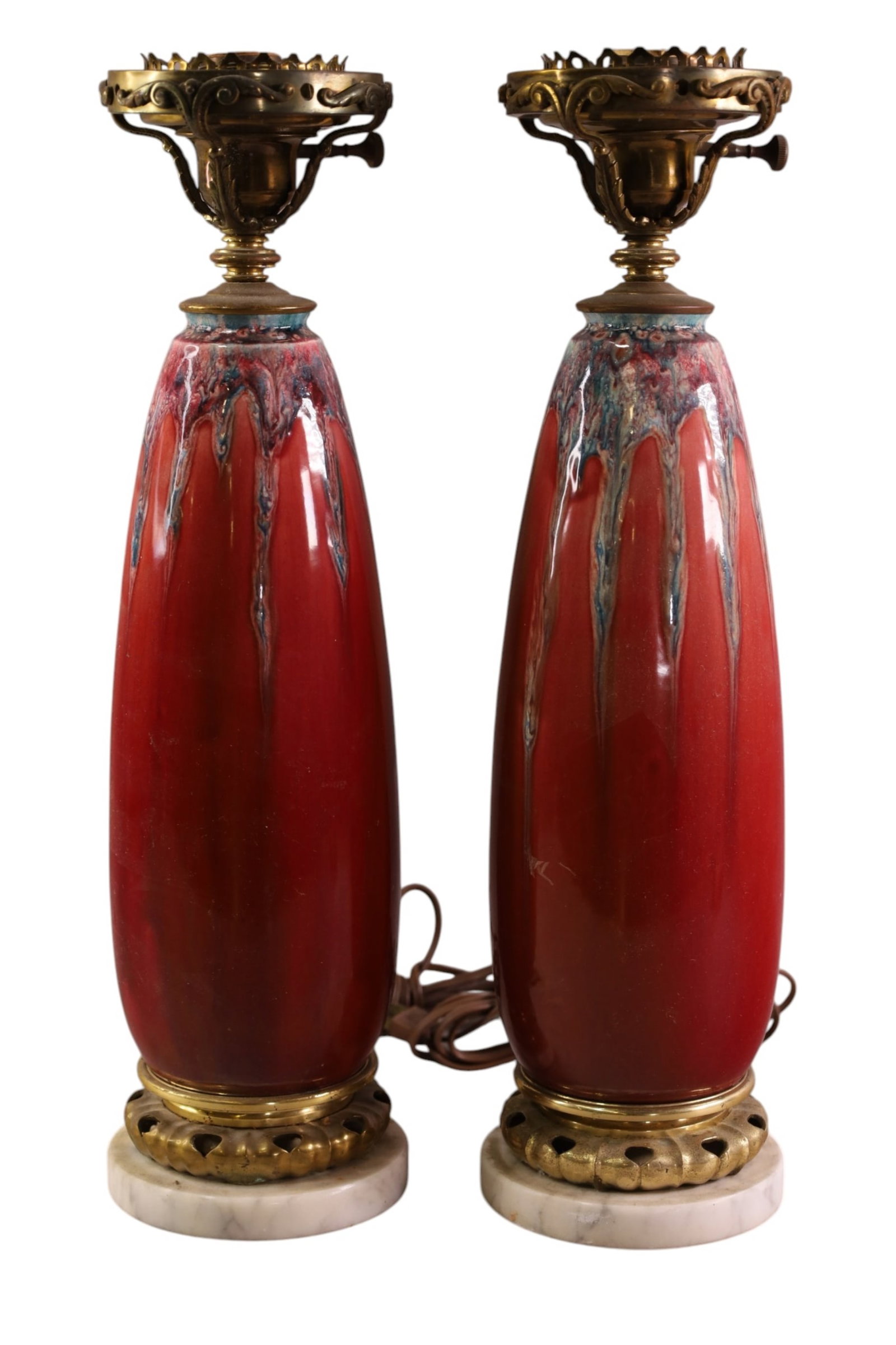 PAIR OF POTTERY LAMPS: PAIR OF RED DRIP GLAZE POTTERY LAMPS, MARBLE BASE. 18" H.