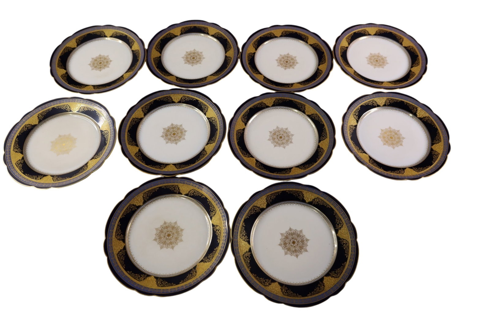 SET OF 10 LIMOGES DINNER PLATES.: LIMOGES COBALT BLUE & GOLD DINNER PLATES, 10 1/2" SMALL CHIP TO ONE.