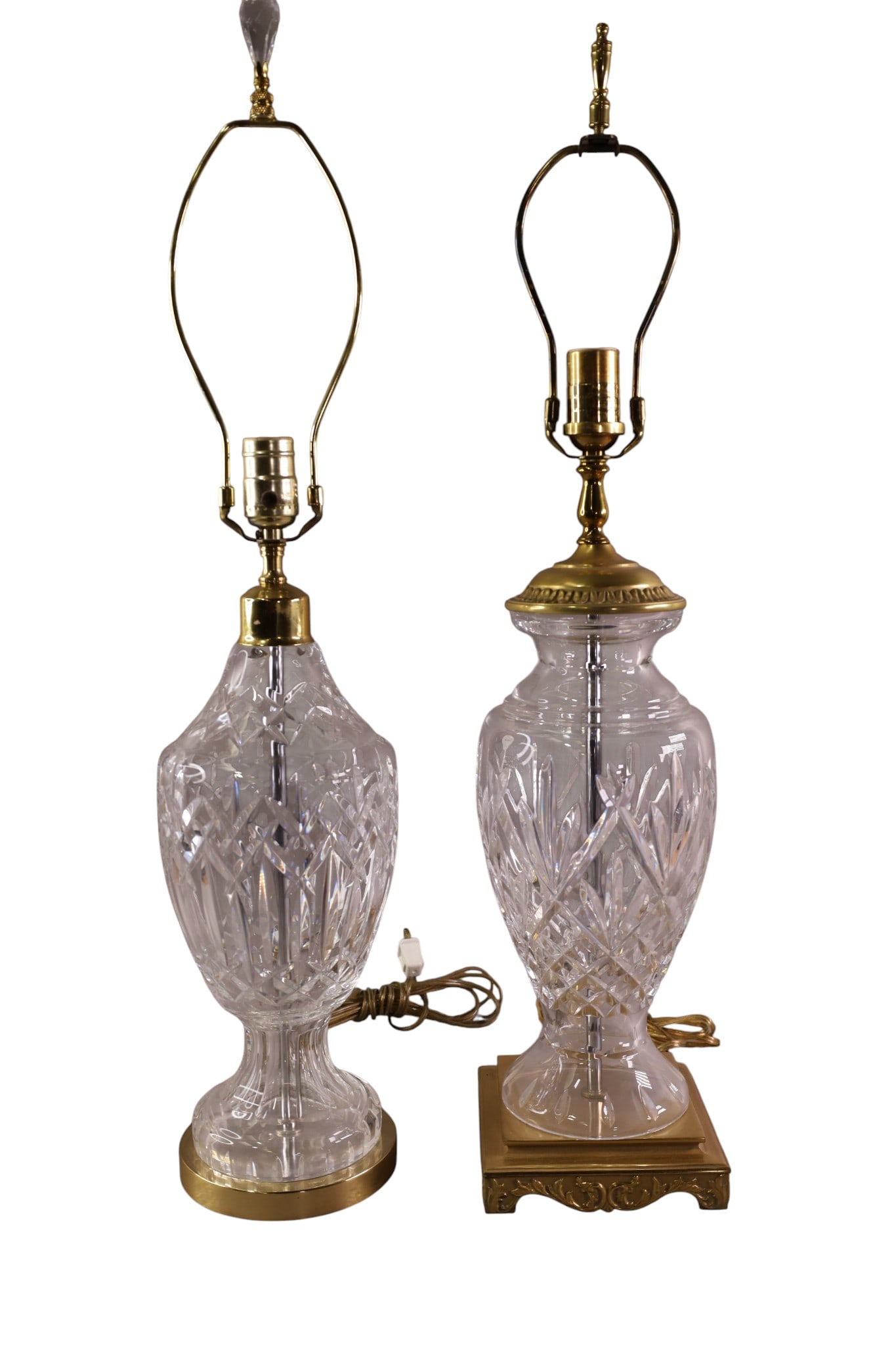 2 WATERFORD LAMPS: NEAR PAIR OF WATERFORD CRYSTAL TABLE LAMPS. NO SHADES. 30" H.