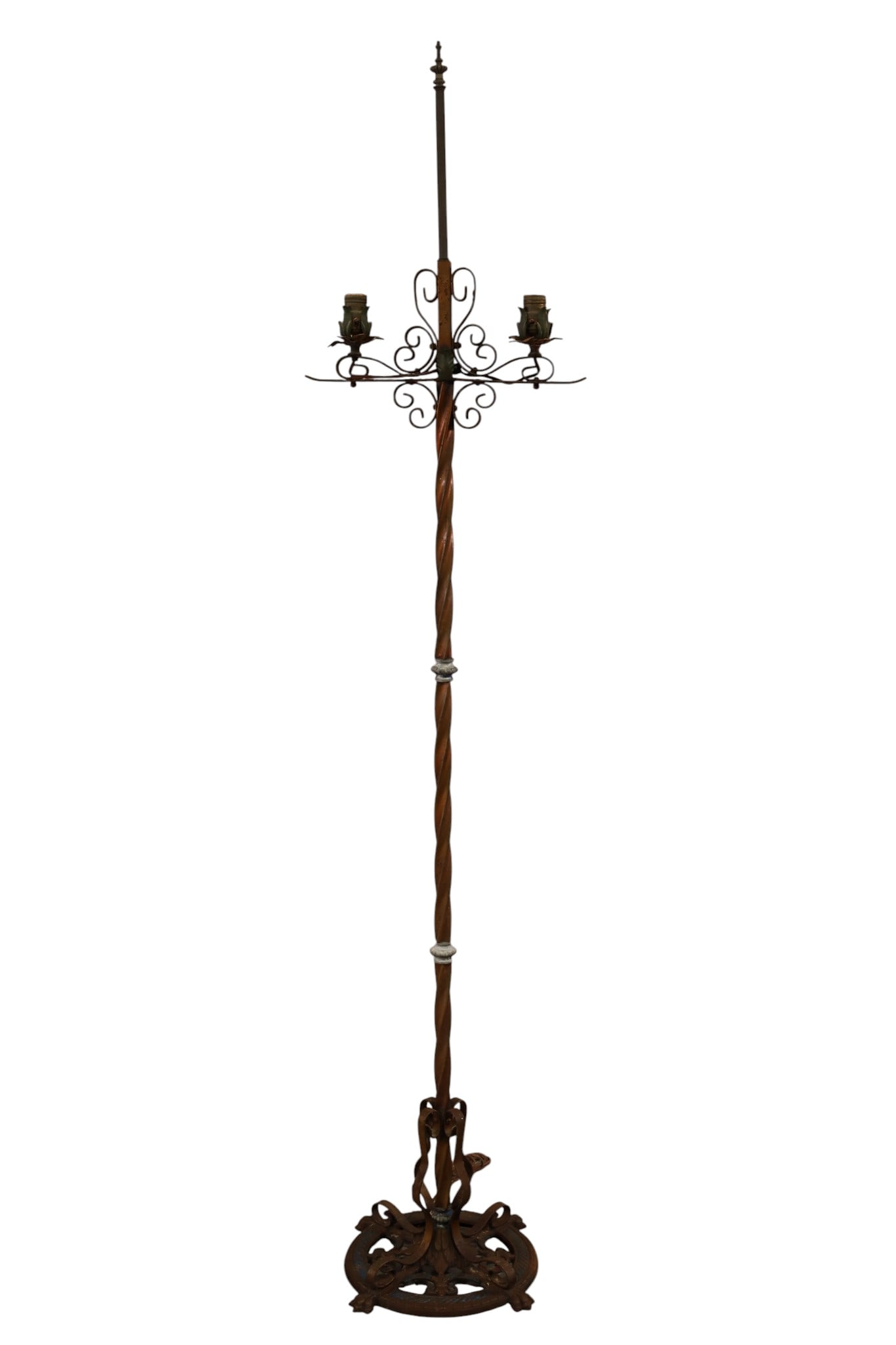 SPANISH FLOOR LAMP: DECORATIVE METAL, SPANISH FLOOR LAMP. DOUBLE SOCKET, NO SHADES. 15" W X 71" H. THIS ITEM EXCEEDS SIZE LIMITATIONS FOR IN HOUSE SHIPPING, MUST BE PICKED UP IN HOUSE OR SHIPPED VIA 3rd PARTY GROUND