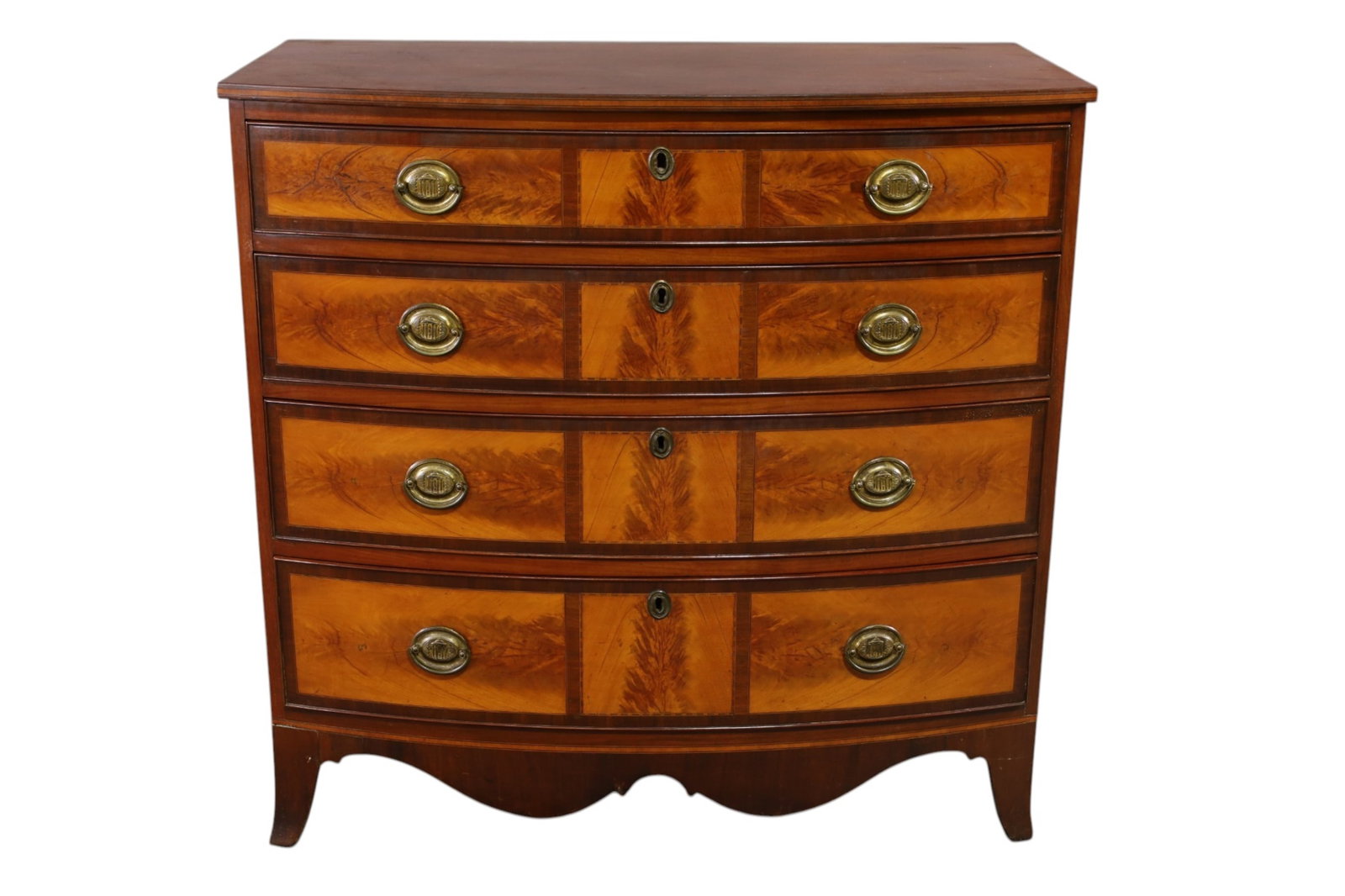 SHERATON STYLE CHEST: FOUR DRAWER SHERATON STYLE CHEST, REPAIRED LEG. WEAR TO FINISH. OLD REPAIR TO TOP SURFACE. 40" W x 22" D x 39" H. THIS ITEM EXCEEDS SIZE LIMITATIONS FOR IN HOUSE SHIPPING, MUST BE PICKED UP IN HOUSE