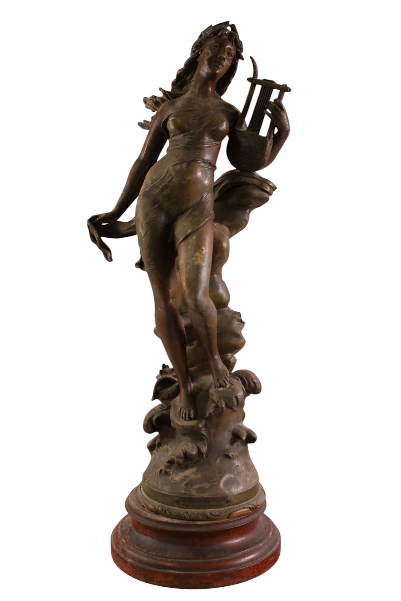 SPELTER FIGURE: LARGE SPELTER FIGURE, DAMAGE TO HARP AND FIGURE. 26" H.