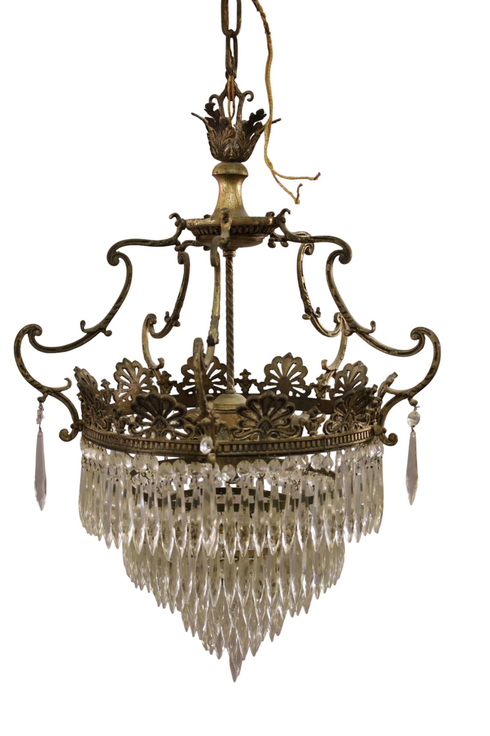 CRYSTAL PRISM CHANDELIER: LARGE GILT METAL AND CRYSTAL PRISM CHANDELIER, MISSING SOME PRISMS. 16" DIAM x 33" H. THIS ITEM EXCEEDS SIZE LIMITATIONS FOR IN HOUSE SHIPPING, MUST BE PICKED UP IN HOUSE OR SHIPPED VIA 3rd PARTY