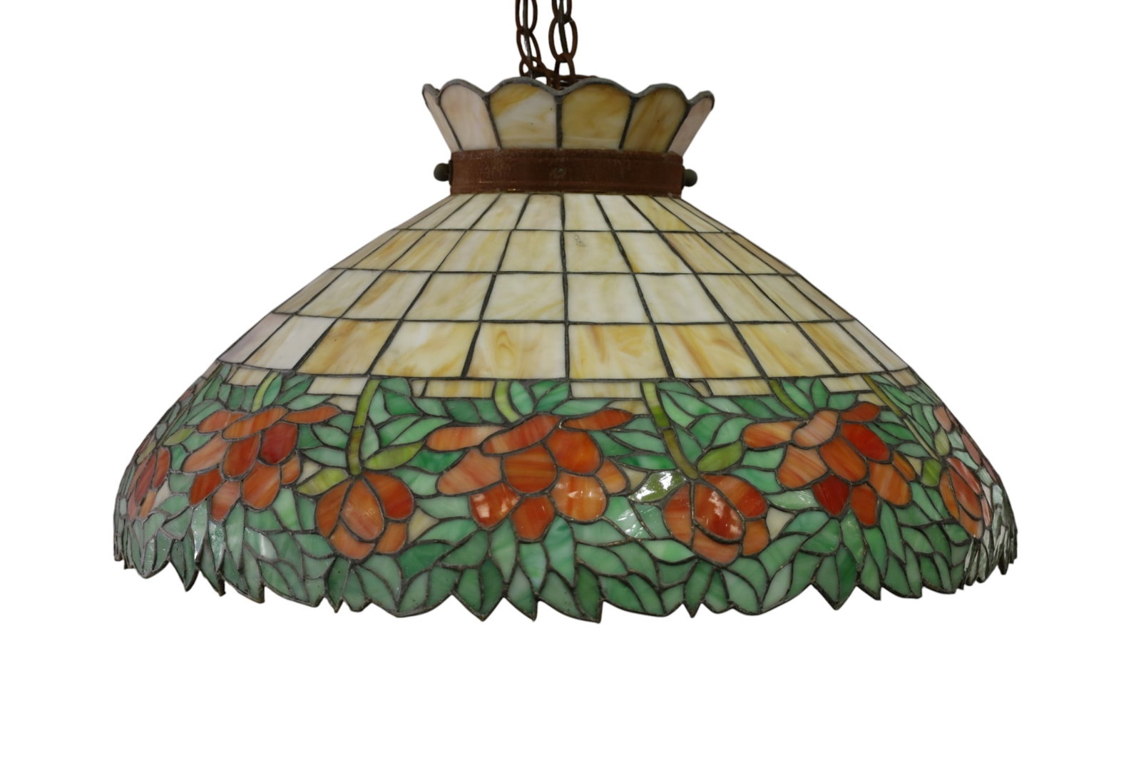 LEADED GLASS CHANDELIER: LARGE SINGLE SOCKET LEADED GLASS CHANDELIER, FLORAL. 26" DIAM x 13" H. THIS ITEM EXCEEDS SIZE LIMITATIONS FOR IN HOUSE SHIPPING, MUST BE PICKED UP IN HOUSE OR SHIPPED VIA 3rd PARTY GROUND SHIPPER.